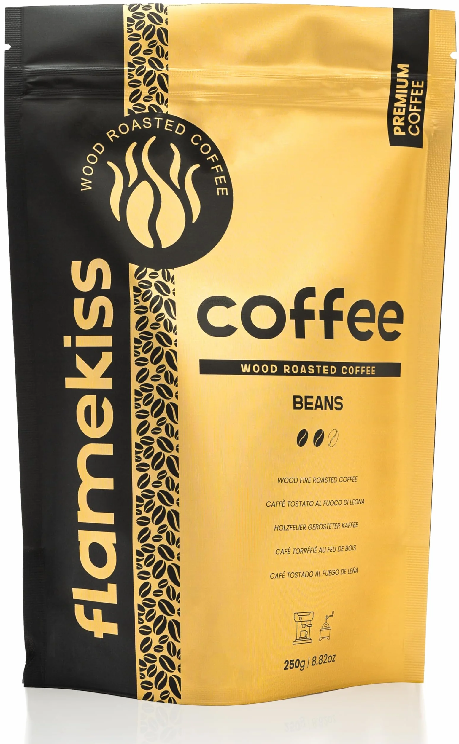 Flamekiss Ziarna kawy 250 g – najwyższej jakości rzemieślnicze ziarna Arabiki i Robusty Espresso palone w piecu opalanym drewnem, zapewniające bogate, aromatyczne doznania z kawy ziarnistej