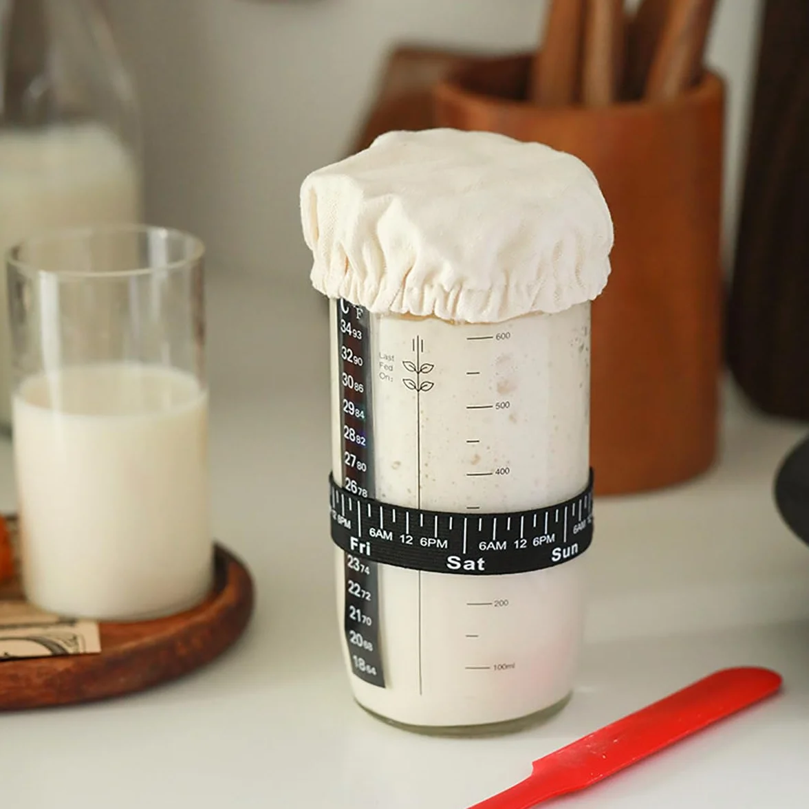 Zestaw do rozpoczynania zakwasu, 730ML szklanka do zakwasu, szklanka do fermentacji, szklanka na zakwas, z łopatką i termometrem, pokrój i metalowa pokrywa, akcesoria do pieczenia w domu