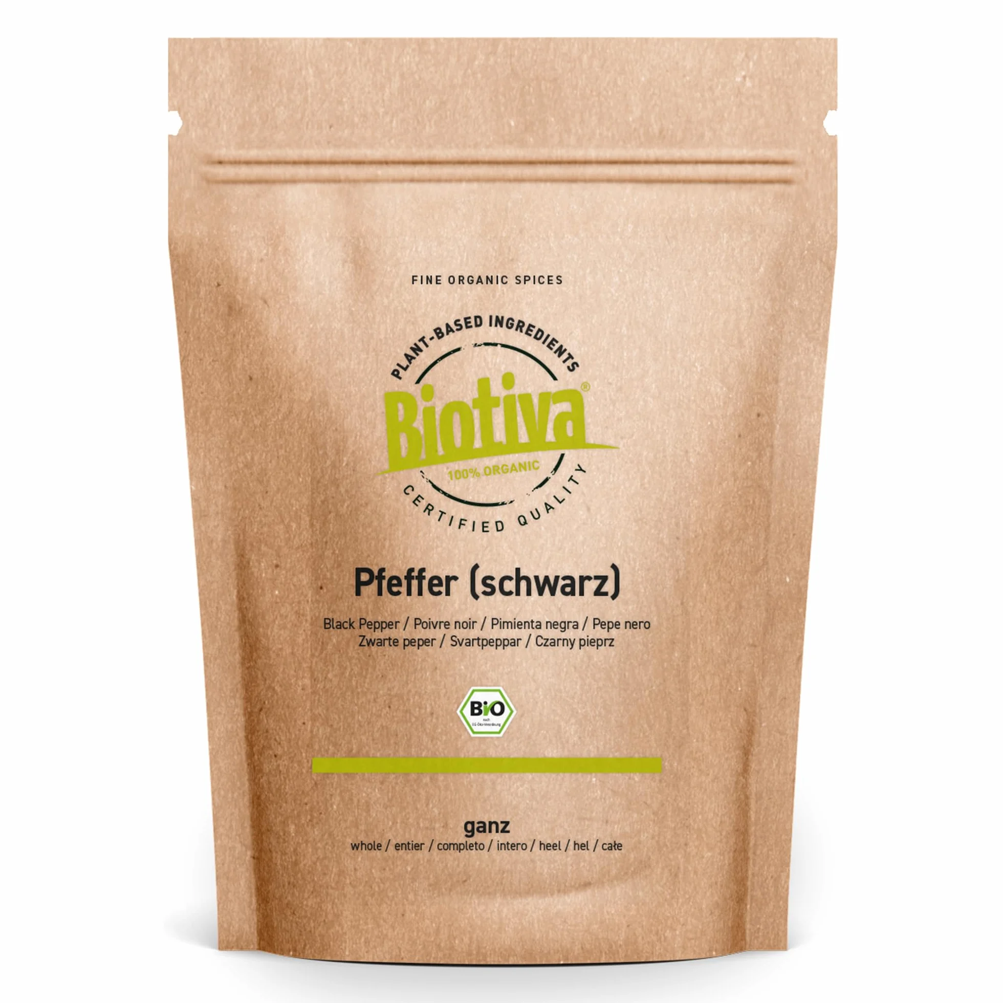 Pieprz czarny Bio 250 g – całe ziarna pieprzu najwyższej jakości ekologicznej – nadaje się do młynków do pieprzu – Piper nigrum – Pochodzenie Sri Lanki/Cejlonu Biotiva