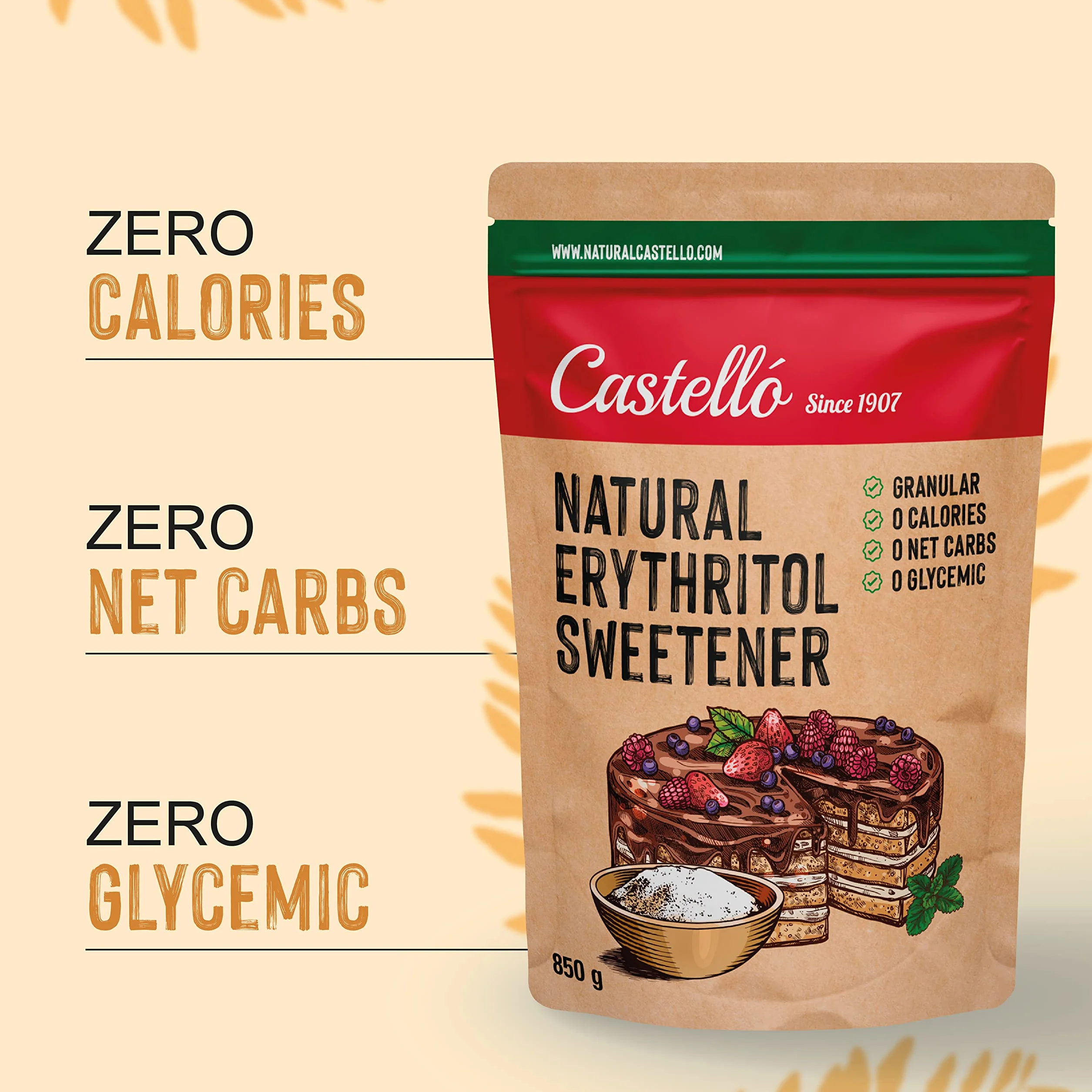 Słodzik z Erytrytol - Granulowany | 10g = 7g cukru | Słodzik o 100% naturalnym smaku - 0 Kalorii - 0 Indeks Glikemiczny - Keto i Paleo - 0 Węglowodanów Netto - Bez GMO - Castello since 1907-850 g