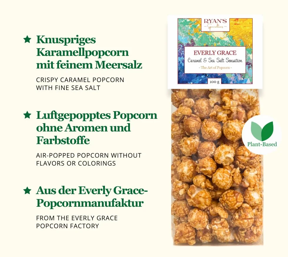 Everly Grace Popcorn – Caramel & Sea Salt Sensation, 60 g – Kubeczki popcornu z karmelem i solą morską z naszej manufaktury w Augsburgu, Niemcy
