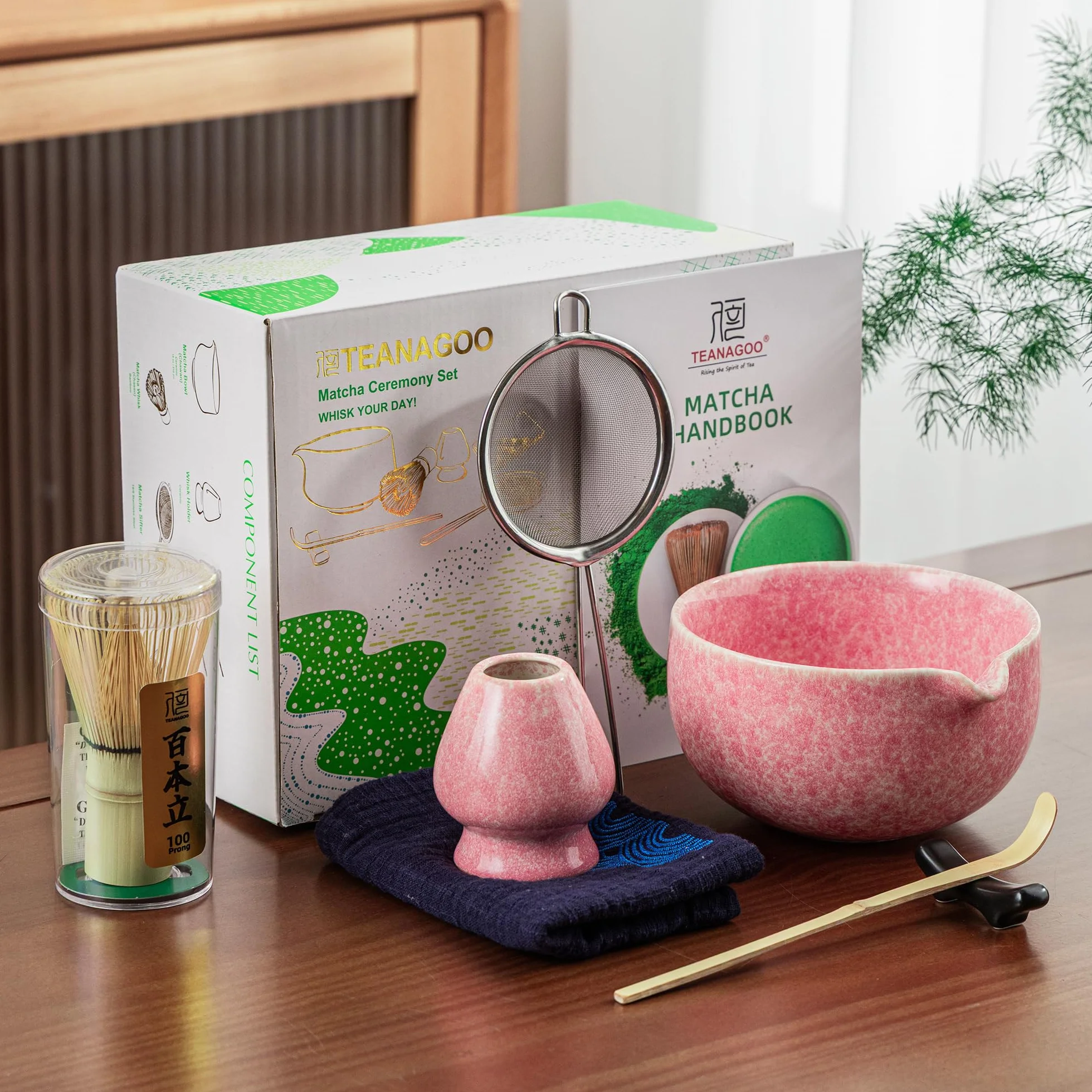 TEANAGOO Zestaw trzepaczek Matcha, zestaw 7 szt., różowy, zestaw do ceremonii matcha, zestaw do herbaty matcha do robienia latte, ceramiczna miska (chawan) z wylewką i trzepaczką, prezent dla