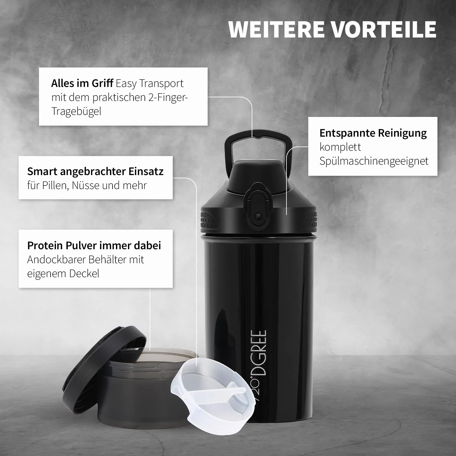 720°DGREE Fitness Shaker uberShaker 550ml Szejker proteinowy z komorą na proszek Szczelny bez BPA Kubek do mieszania koktajli proteinowych