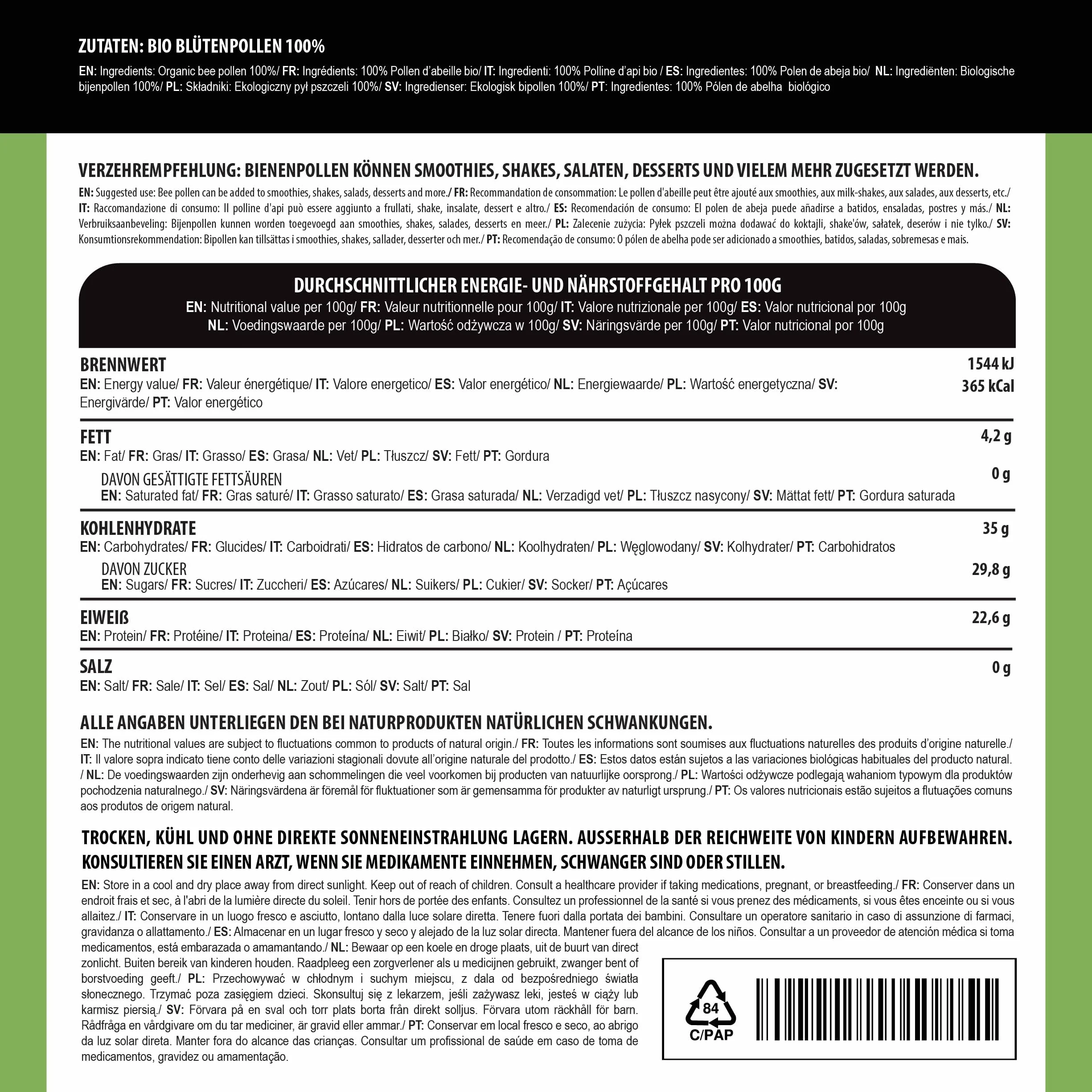 Alpi Nature Ekologiczne Granulki Pyłku Pszczelego 250g, Pyłek Pszczeli, Surowe Naturalne Granulki