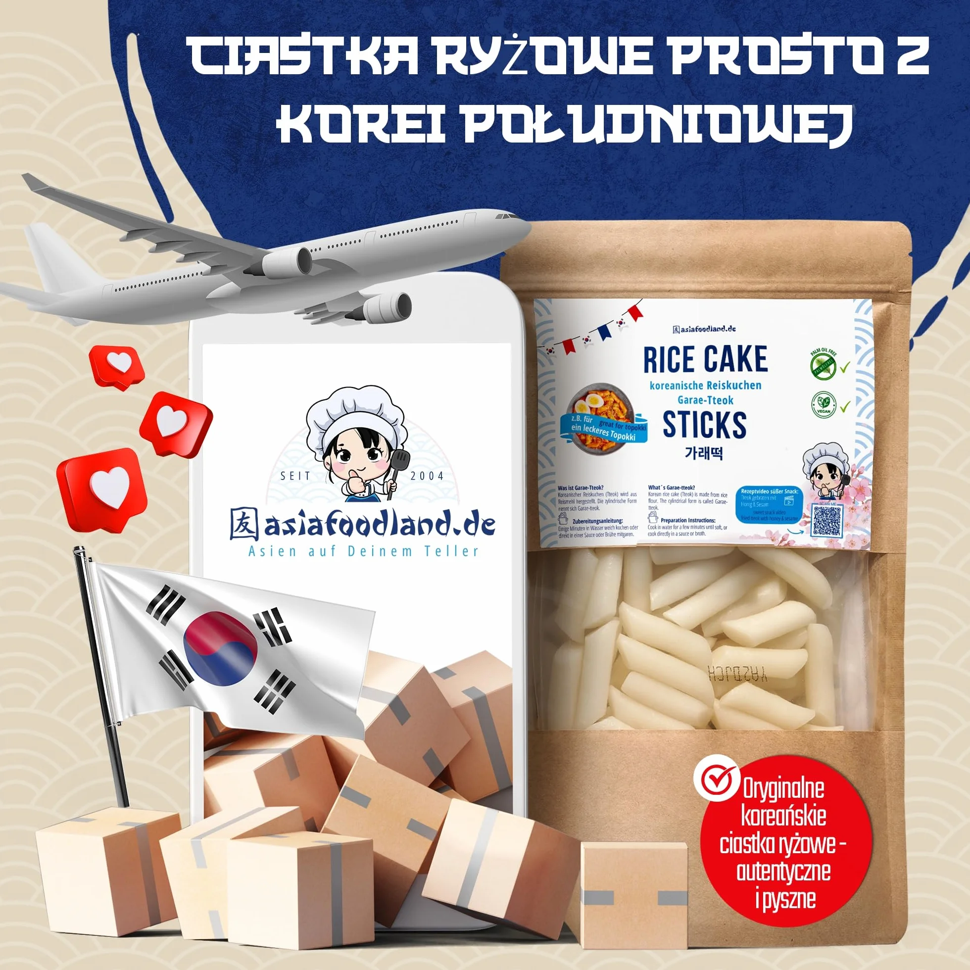 asiafoodland - Ciasto ryżowe naturalne - Paluszki ryżowe - Ciasto ryżowe - Makaron ryżowy - np. do Tteok-bokki/Topokki, 1 opakowanie (1 x 400g)