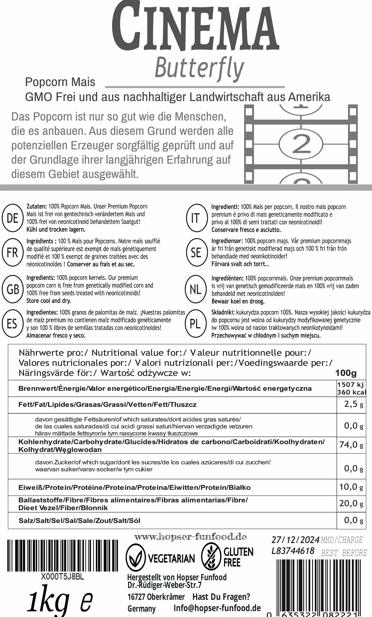 Premium Butterfly Popcorn Corn 1000g XL objętość pop 1:46 z opakowaniem chroniącym smak bez GMO