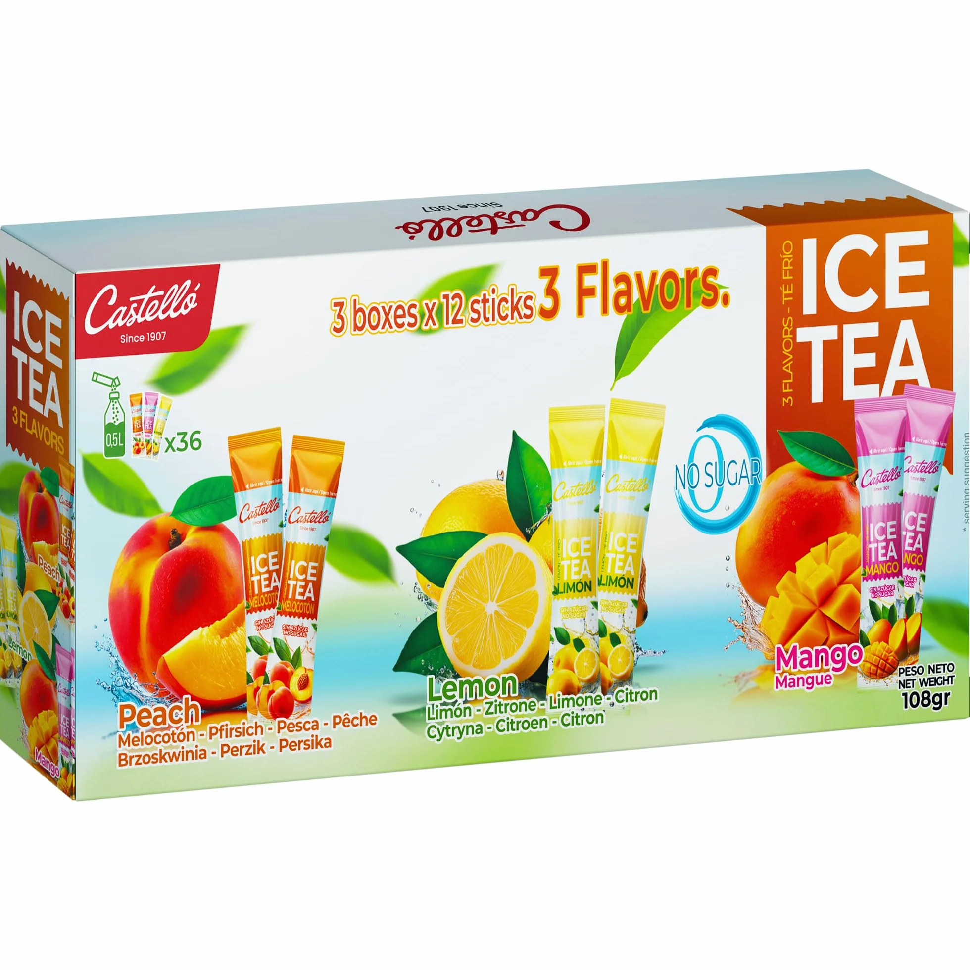 Castello since 1907 Mrożona Herbata (Ice Tea - Iced Tea) Rozpuszczalna Zero w Saszetkach | 36 Sztuk | 3 Smaki | Zero Kalorii, Bez Cukru, Bez Aspartamu