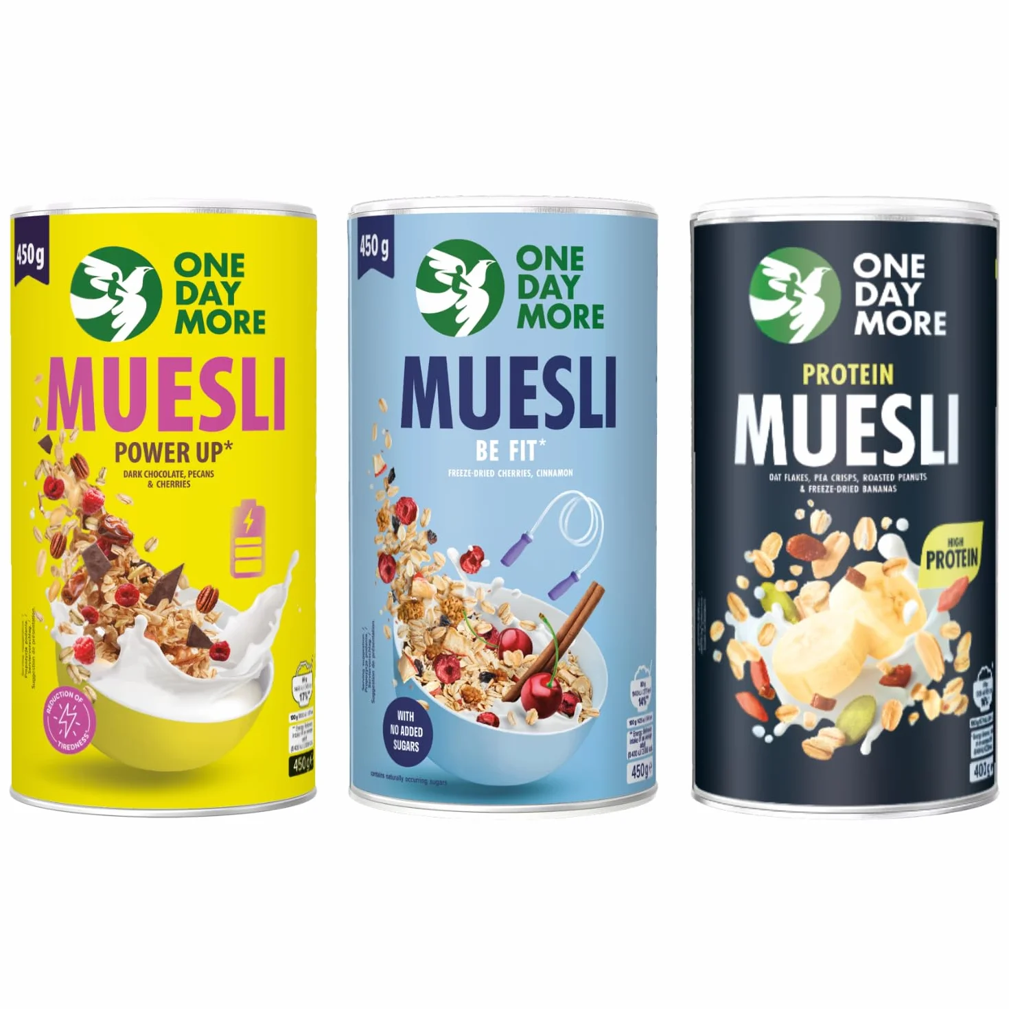 OneDayMore - Zestaw 3 tub Musli: Power Up 450g, Be Fit 450g Musli Proteinowe z orzechami ziemnymi i bananem 400g Wysoka Zawartość Błonnika i Białka orzechy pekan gorzka czekolada