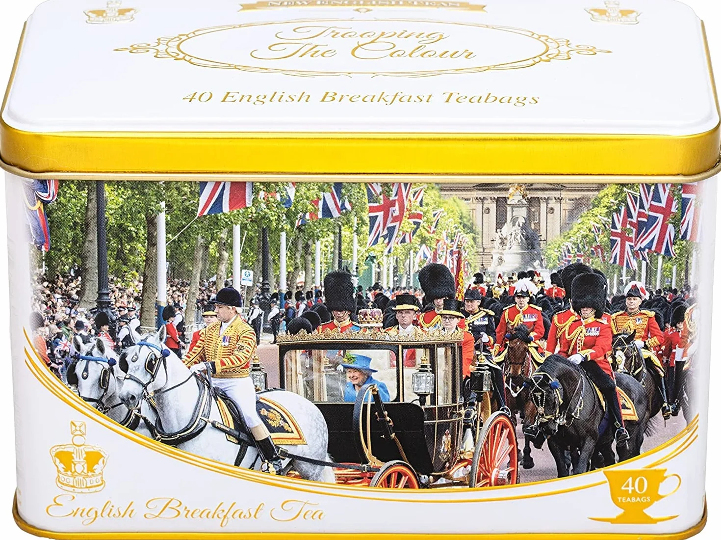 New English Teas Trooping The Colour puszka do herbaty z 40 angielskimi torebkami śniadaniowymi, królowa Elżbieta II