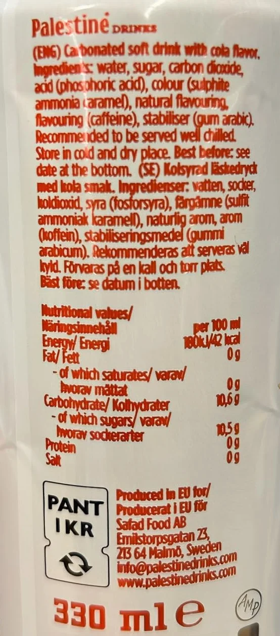 Palestine Cola Orzeźwiający Napój Bezalkoholowy 24 Puszki 330 ml Naturalne Składniki Bez GMO Bezglutenowe Halal