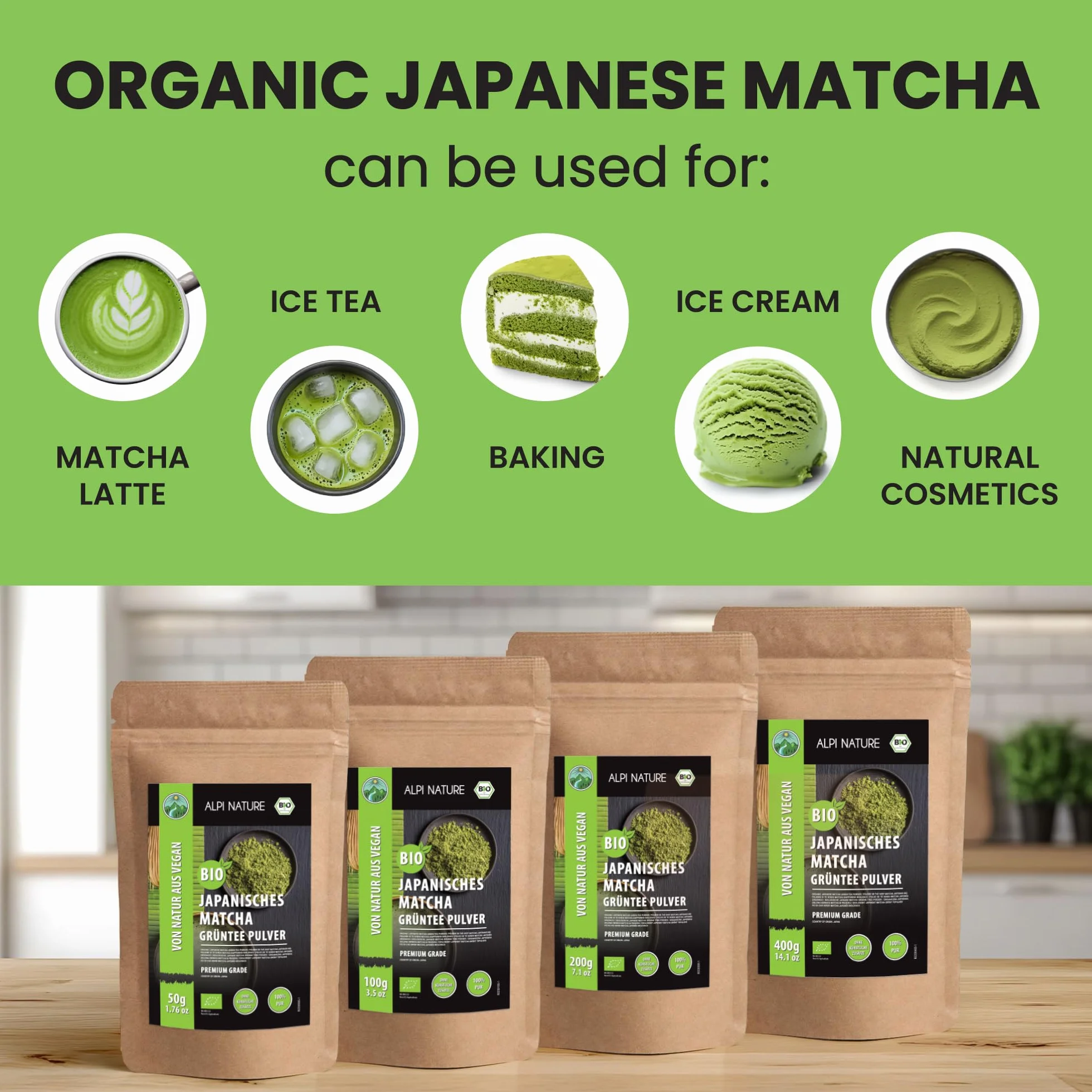 Alpi Nature Ekologiczna Matcha w Proszku 50g, Japońska Zielona Herbata Matcha Klasy Premium, Naturalnie Zawierająca Kofeinę