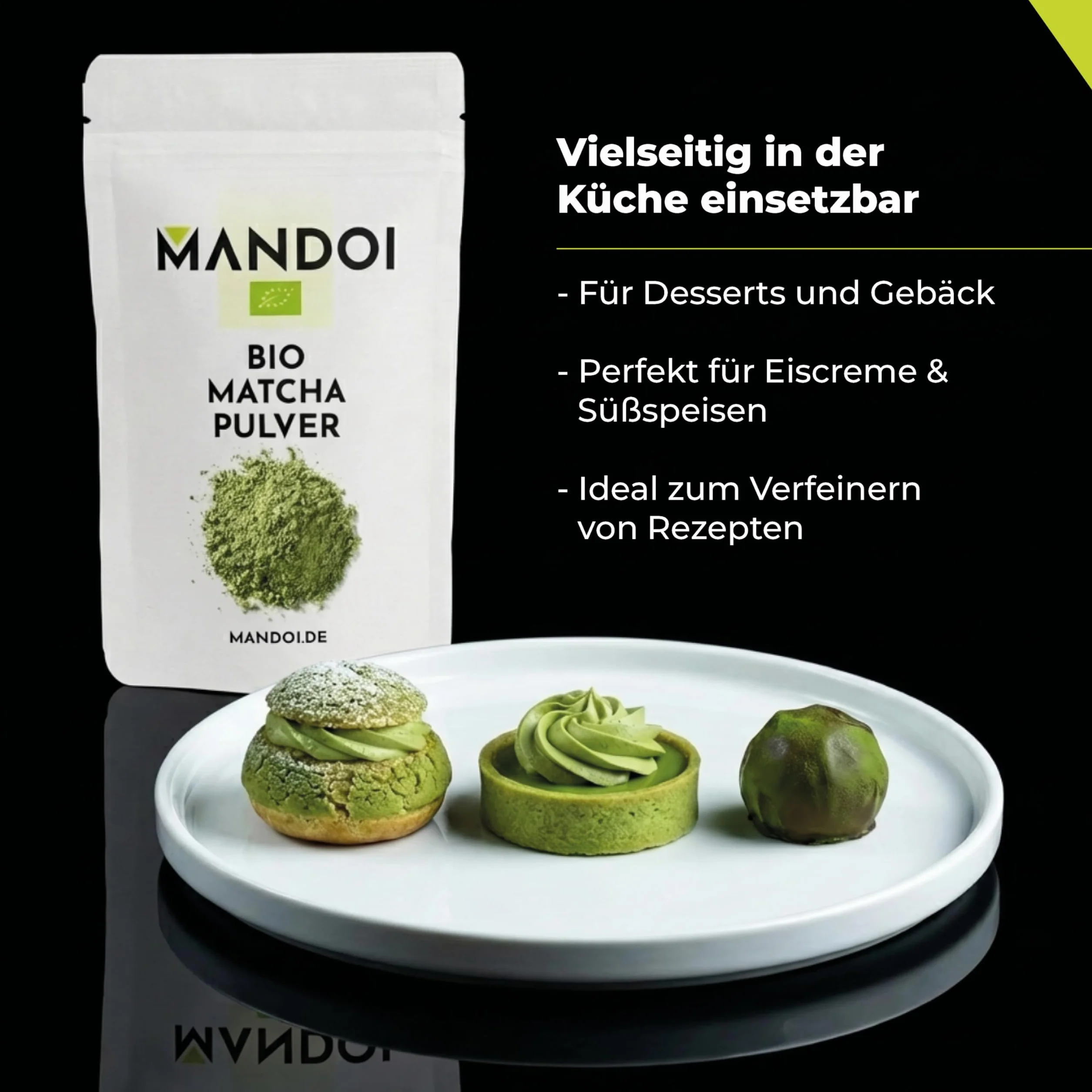Mandoi Bio Matcha herbata w proszku, 100 g, Bio matcha w proszku, idealny do koktajli, shake'ów lub pieczenia, Green Tea Powder.