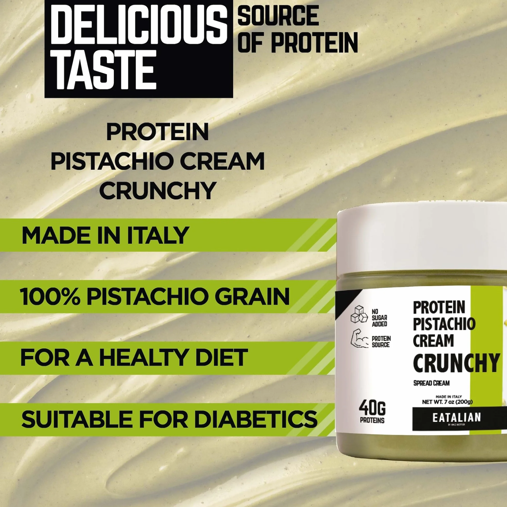 EATALIAN by AMZ BETTER Krem proteinowy pistacjowy CRUNCHY 200 g, krem do smarowania z granulkami pistacji, słodki smak, idealny do pieczywa, do nadziewania deserów, czekolada z Dubaju