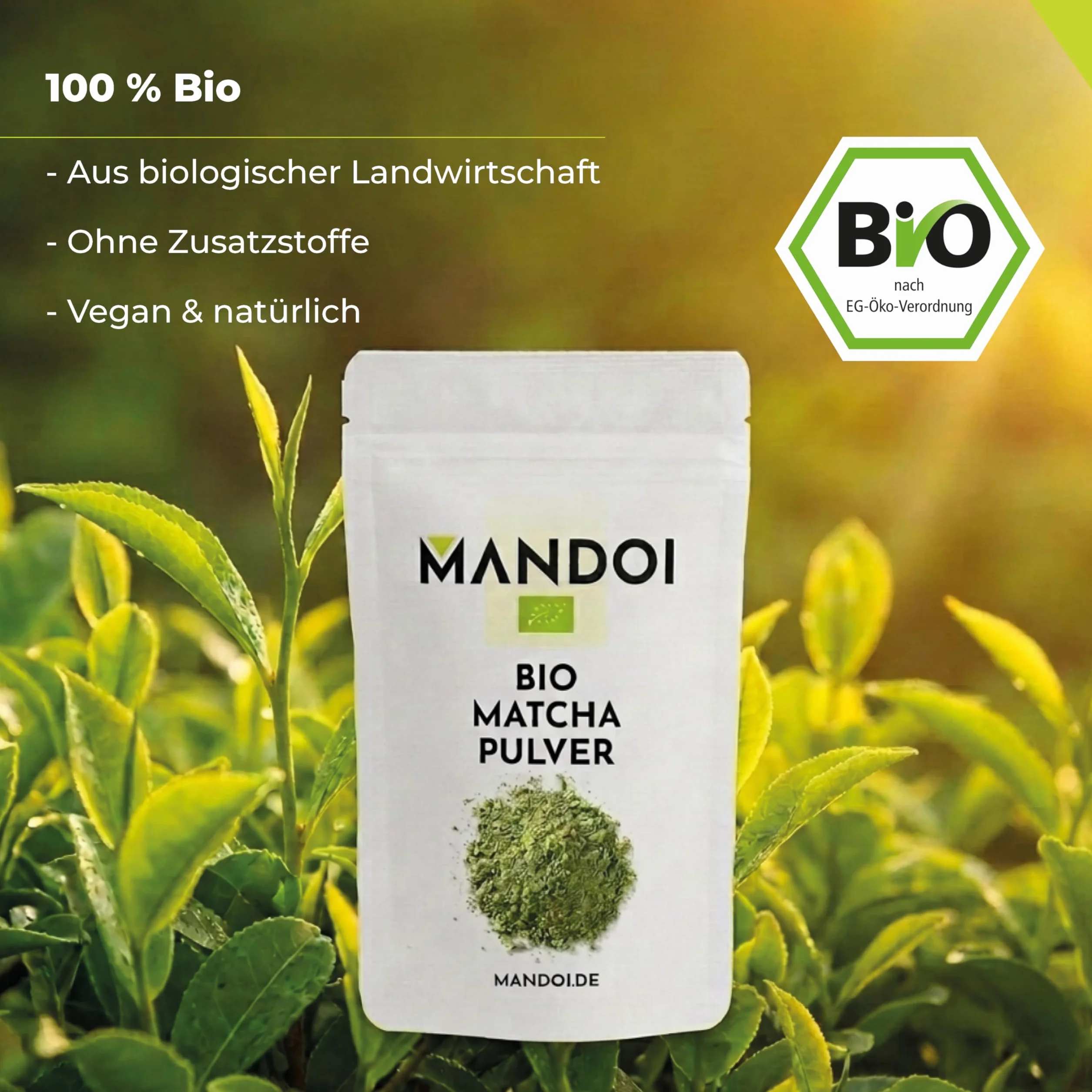 Mandoi Bio Matcha herbata w proszku, 100 g, Bio matcha w proszku, idealny do koktajli, shake'ów lub pieczenia, Green Tea Powder.