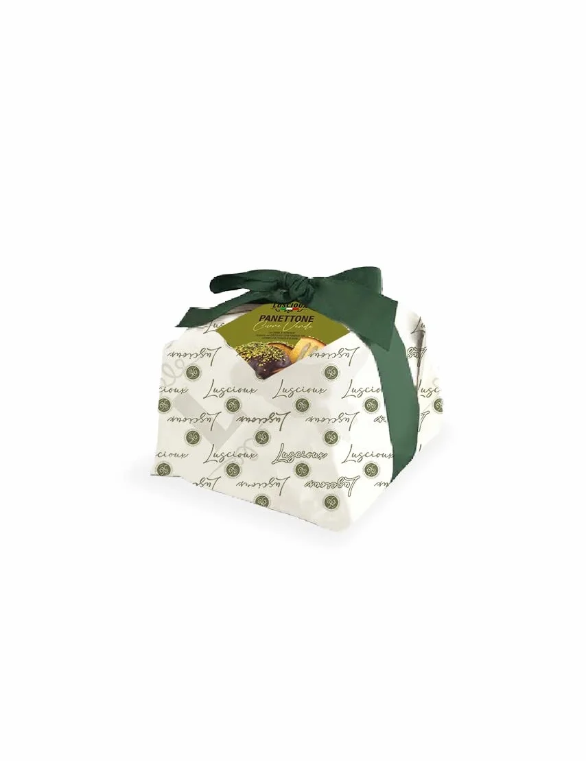 Luscioux Green Heart Panettone nadziewane kremem pistacjowym pokrytym ciemną czekoladą i pistacjami