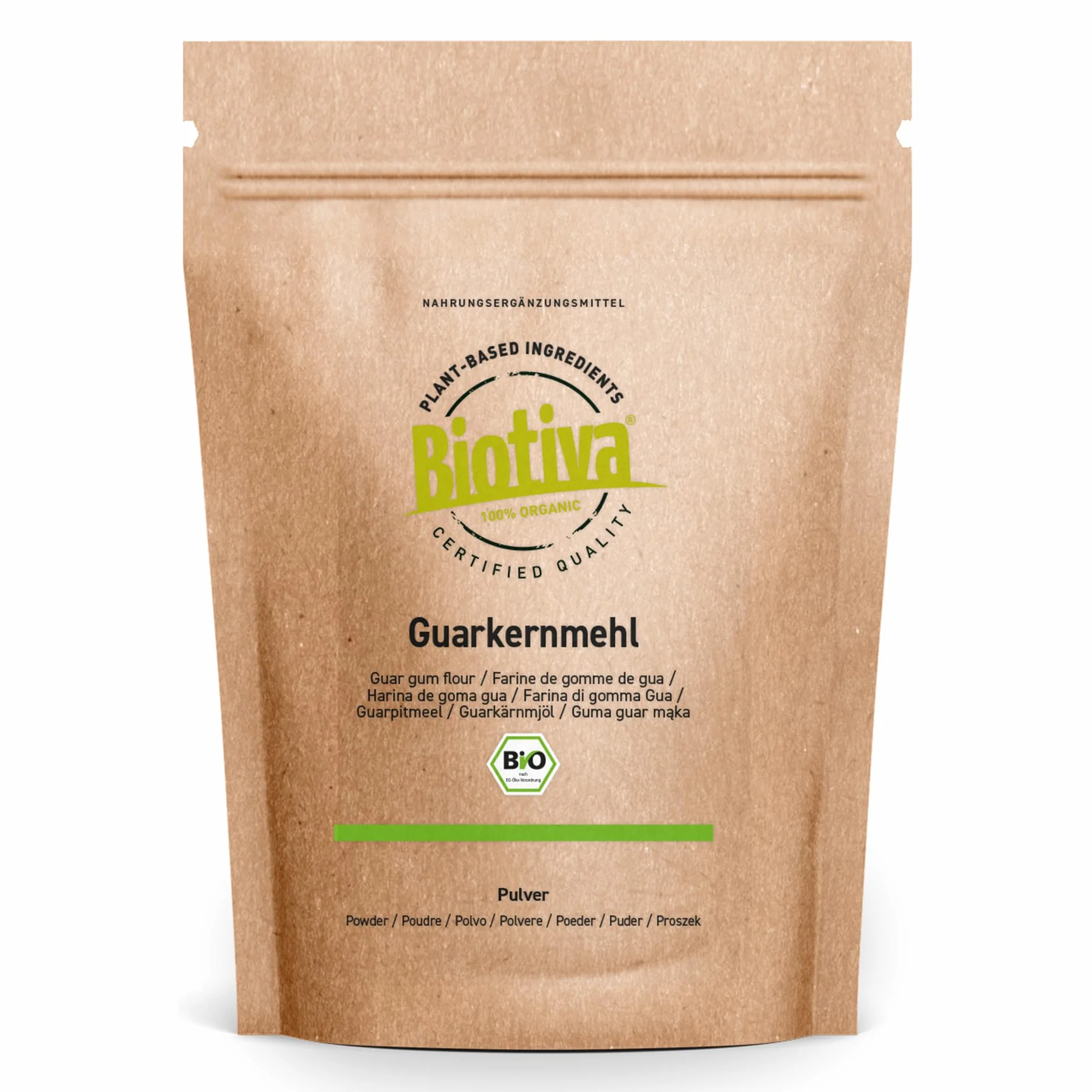 Organiczna guma guar 500g - z ziaren guar - 100% naturalna - najwyższa siła wiązania - wegański środek wiążący i substytut żelatyny - certyfikowana i butelkowana w Niemczech - Biotiva