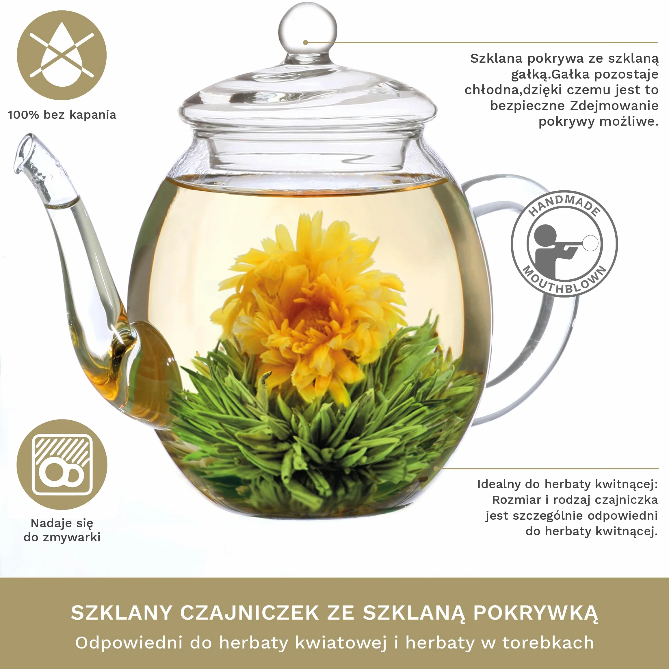 Creano zestaw upominkowy ErblühTee z szklanym dzbankiem 6 herbatkami w kształcie kulki z białej herbaty pudełko magnetyczne 6 kwiatami herbaty