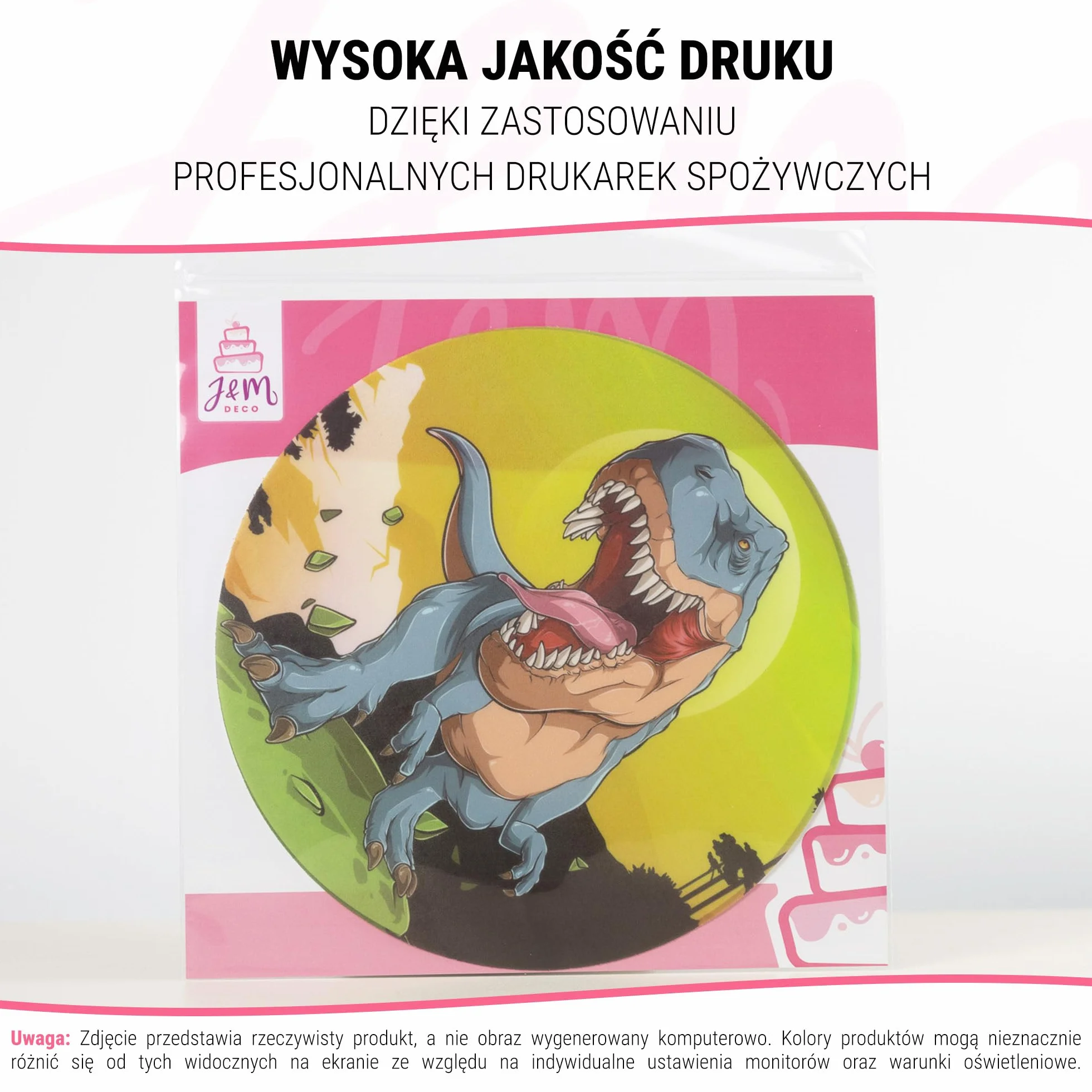 J&M DECO Opłatek na tort Dinozaury Ø20 cm – jadalna dekoracja urodzinowa z motywem dinozaurów – topper prehistoryczny dla dzieci – bezglutenowy i wegański