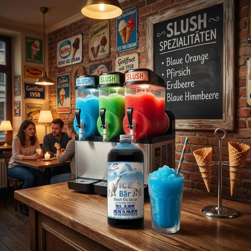 ICE Bear syrop wolny od azu, butelka 1 l, koncentrat do przyrządzania napojów slushy, maszyn do lodów, maszyn do lodów od 1:5 do 1:20 (niebieski pomarańczowy)