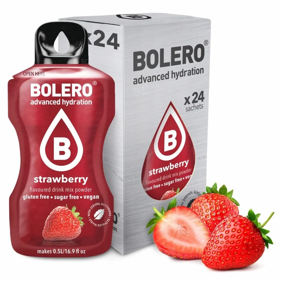 Bolero Drink 24 saszetki 3 g pałeczki owocowe rozpuszczalny proszek do świeżego napoju w wodzie, 72 g słodzony stewią (banan i truskawka)