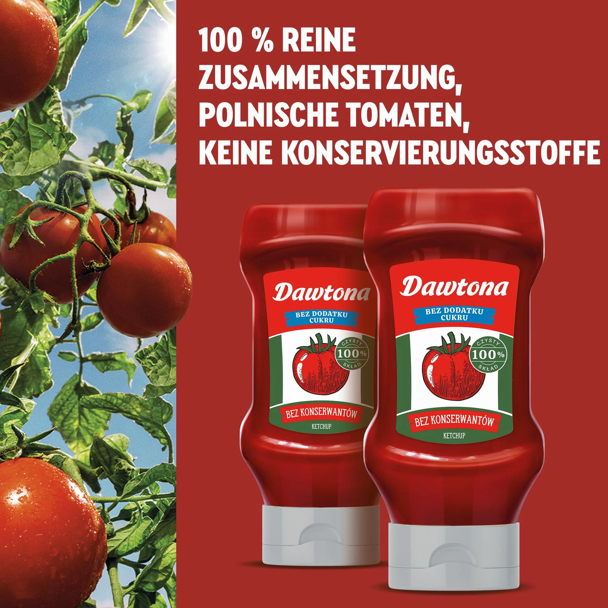 DAWTONA Ketchup Łagodny Bez Cukru 450g, 100% Czysty Skład z Polskich Pomidorów, bez Konserwantów i bez Skrobi, Naturalnie Gęsty - Idealny do Dań Fit, Pizzy, Kanapek i Burgerów