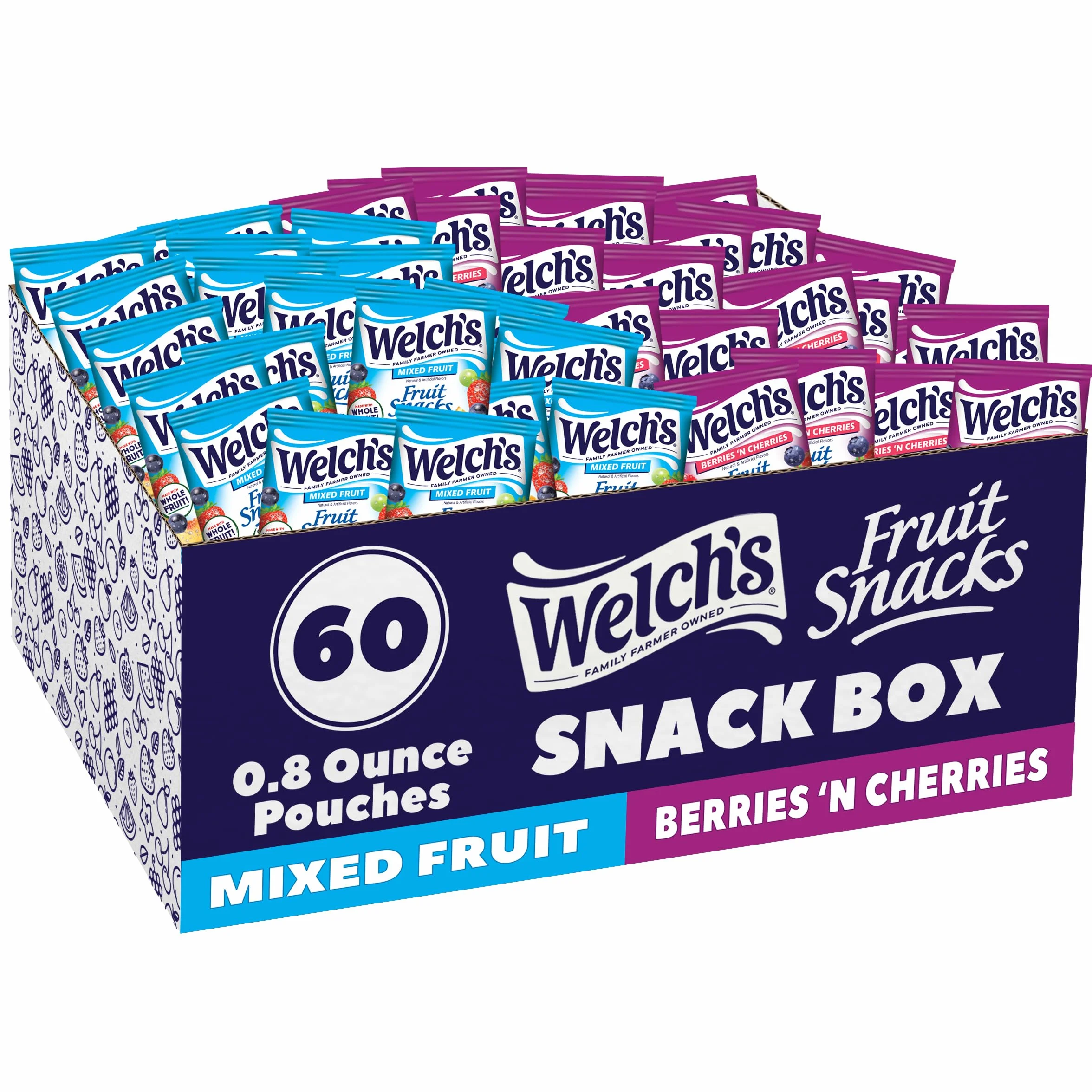 Welch's Fruit Snacks Mixed Fruit & Berries 'N Cherries Bulk Variety Pack, Gluten Free, 0.8 oz Individual Bags (60 Pack)