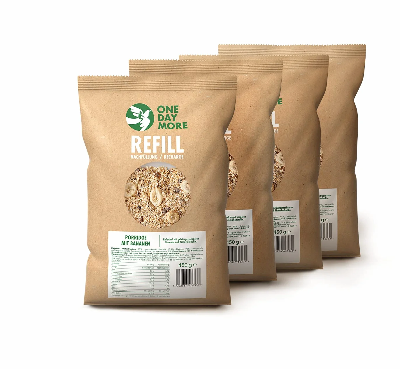 OneDayMore Owsianka Bananowa Bez Dodatku Cukru | Refill 4-pak x 450 g | Płatki owsiane z liofilizowanym bananem i inuliną z korzenia cykorii | Szybkie śniadanie