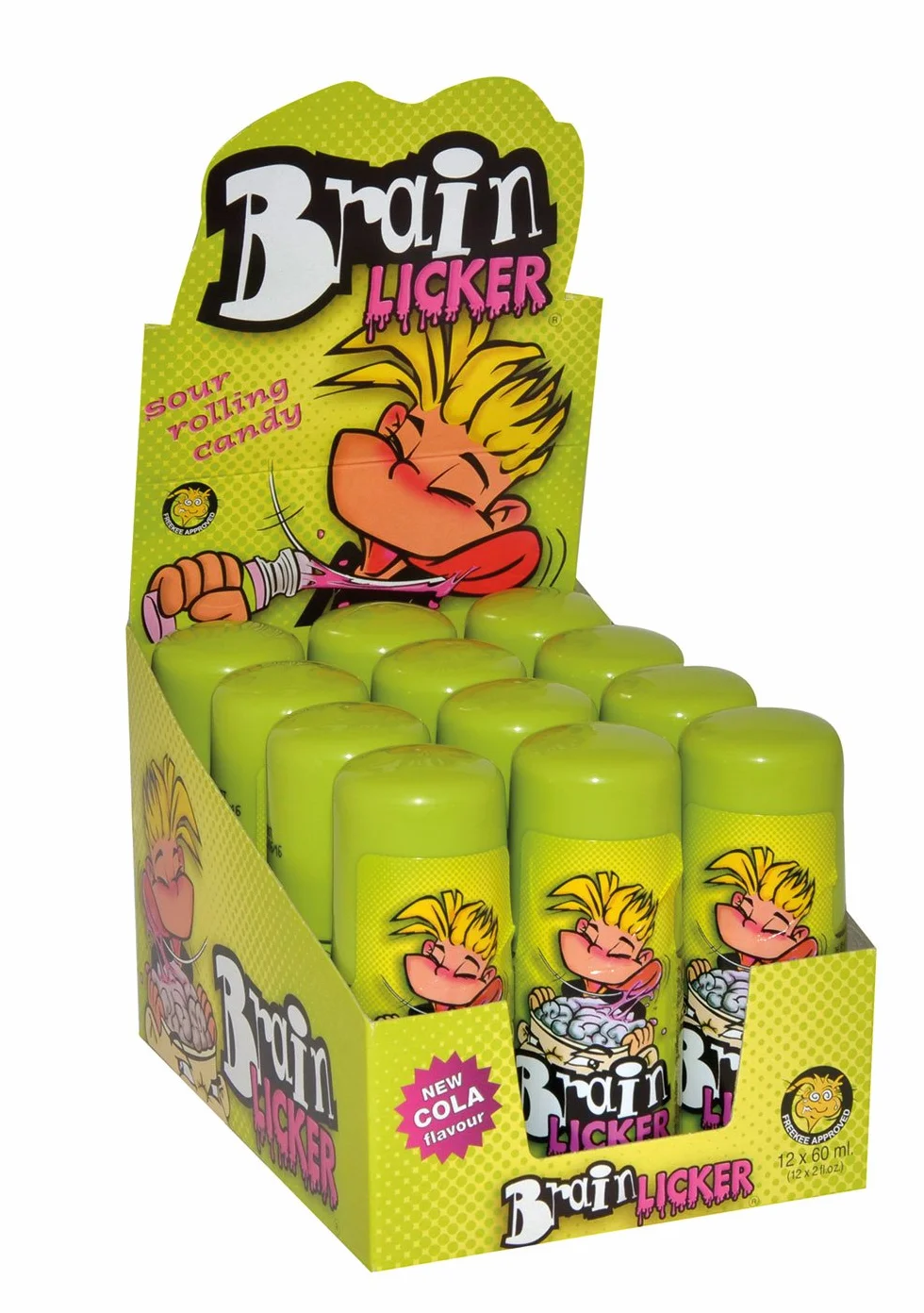 Freekee Brain Licker wałek do języka, 12 sztuk, z kwaśnymi cukierkami w płynie o smaku owocowym, tacka z 12 opakowaniami (12 x 60 ml)