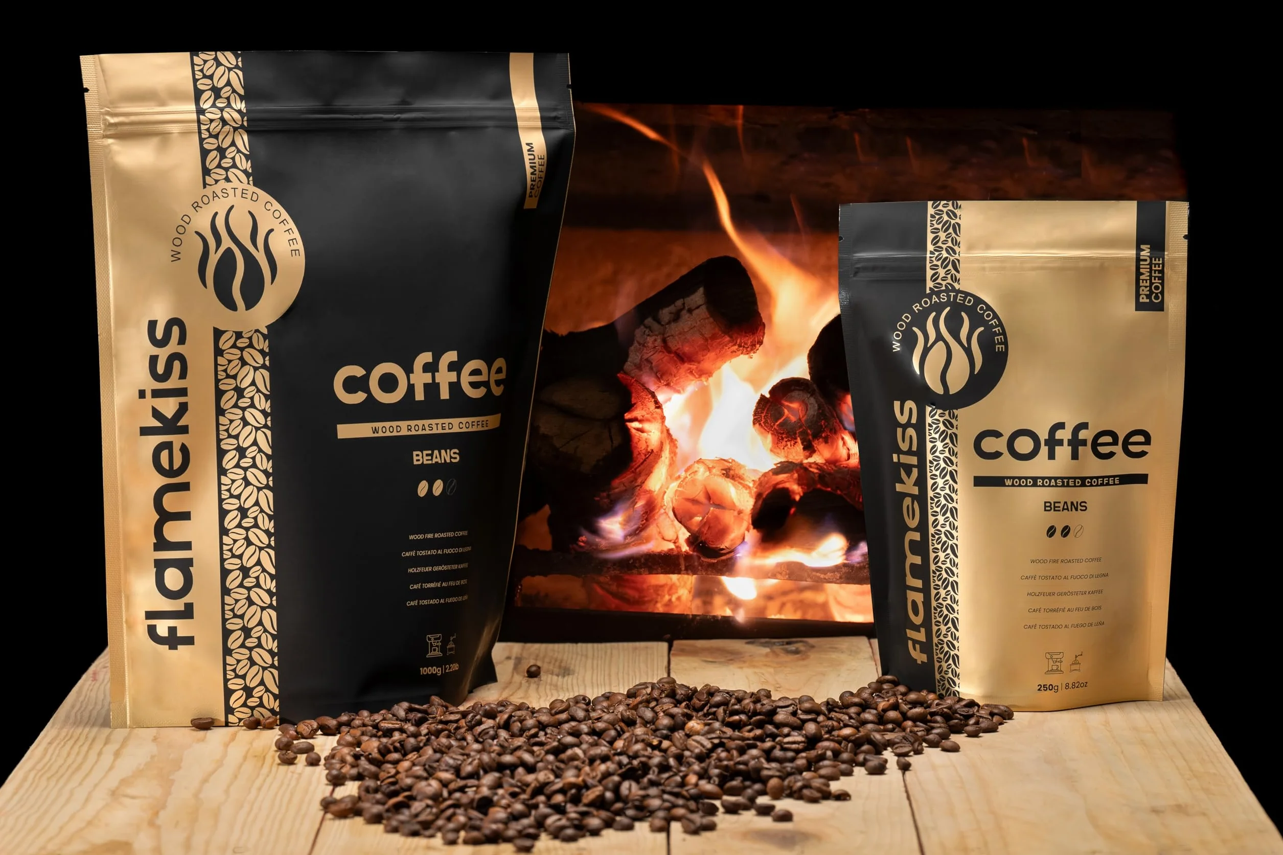 Flamekiss Ziarna kawy 250 g – najwyższej jakości rzemieślnicze ziarna Arabiki i Robusty Espresso palone w piecu opalanym drewnem, zapewniające bogate, aromatyczne doznania z kawy ziarnistej