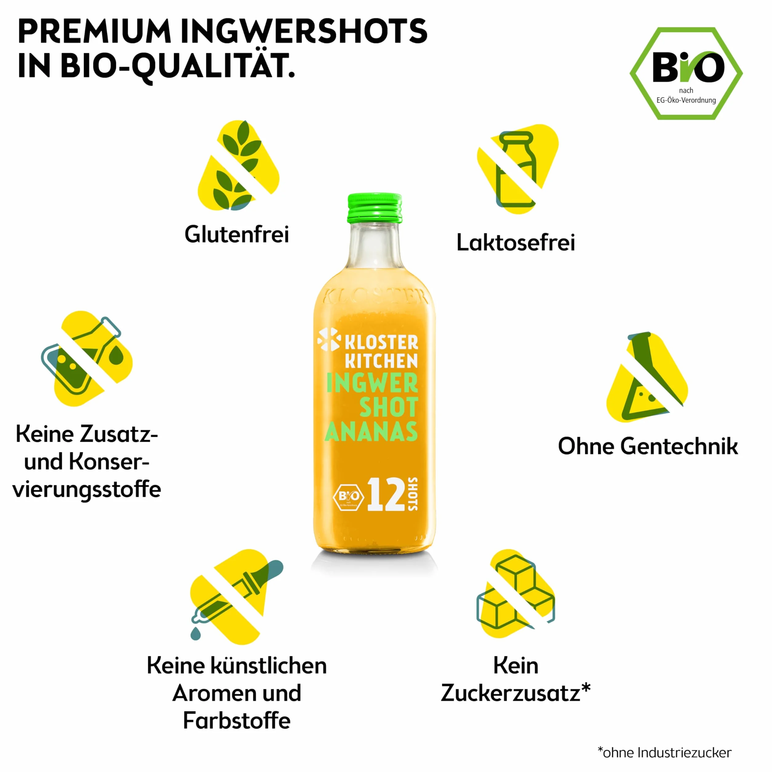 Kloster Kitchen Bio Imbir Shot Ananas 12 Shots 3 x 360 ml z Prawdziwymi Kawałkami Imbiru, Wegański, Szklana Butelka