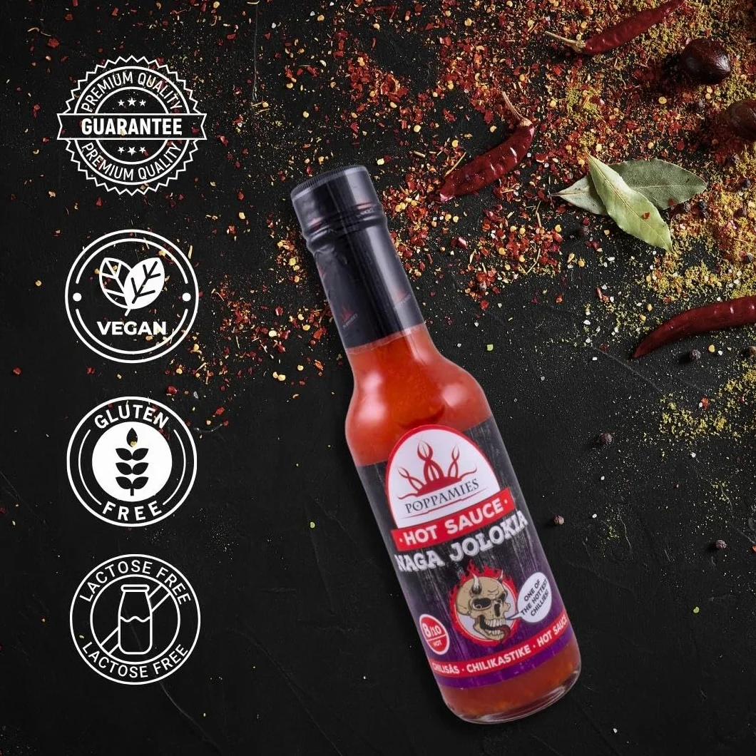 Poppamies Naga Jolokia Hot Sauce - bezglutenowy, bez laktozy, wegański - Pikantność: 8/10-150ml