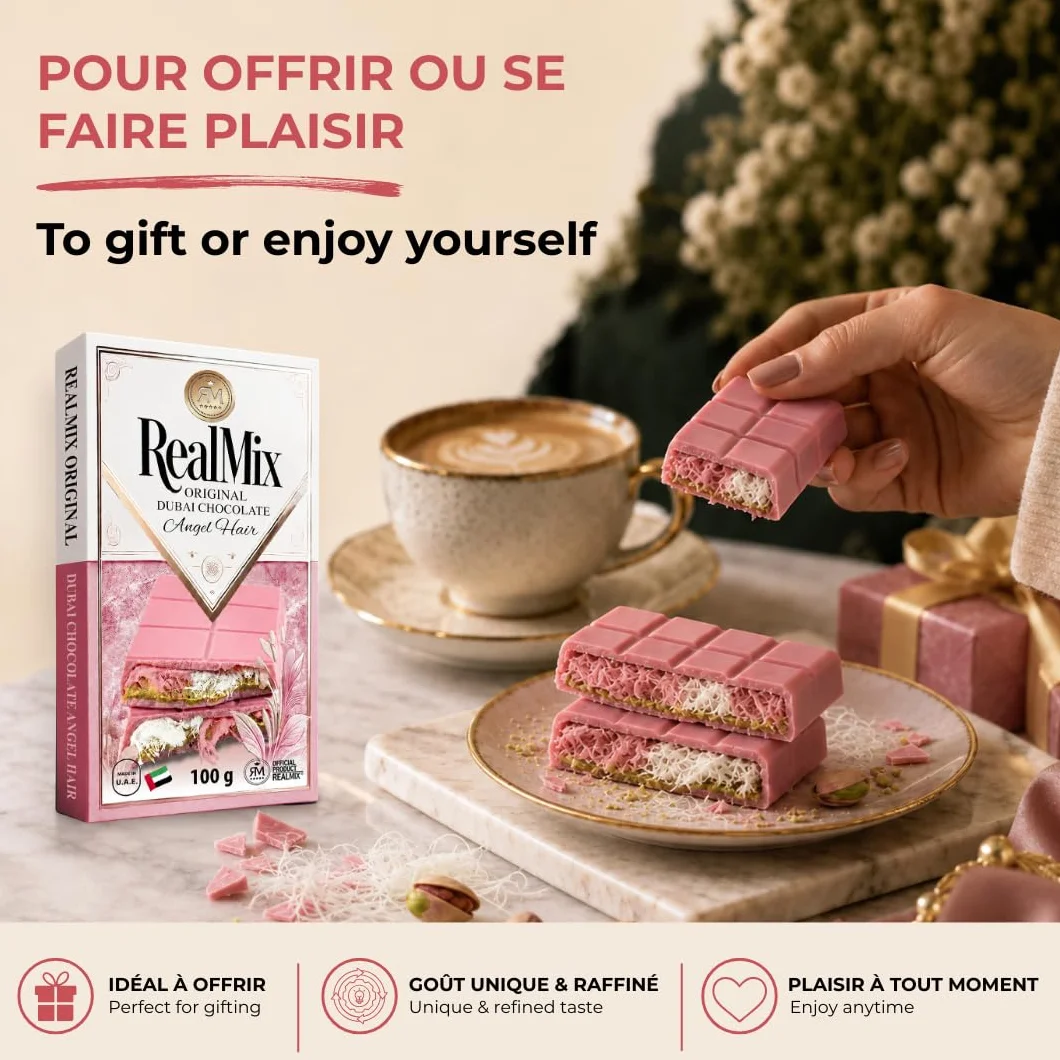 REALMIX Różowa Czekolada prosto z Dubaju ZEA | Autentyczna czekolada z Dubaju o smaku malinowym, z nadzieniem z waty cukrowej, pistacji i kadaif | Wyprodukowana w Dubaju ZEA | 100 g