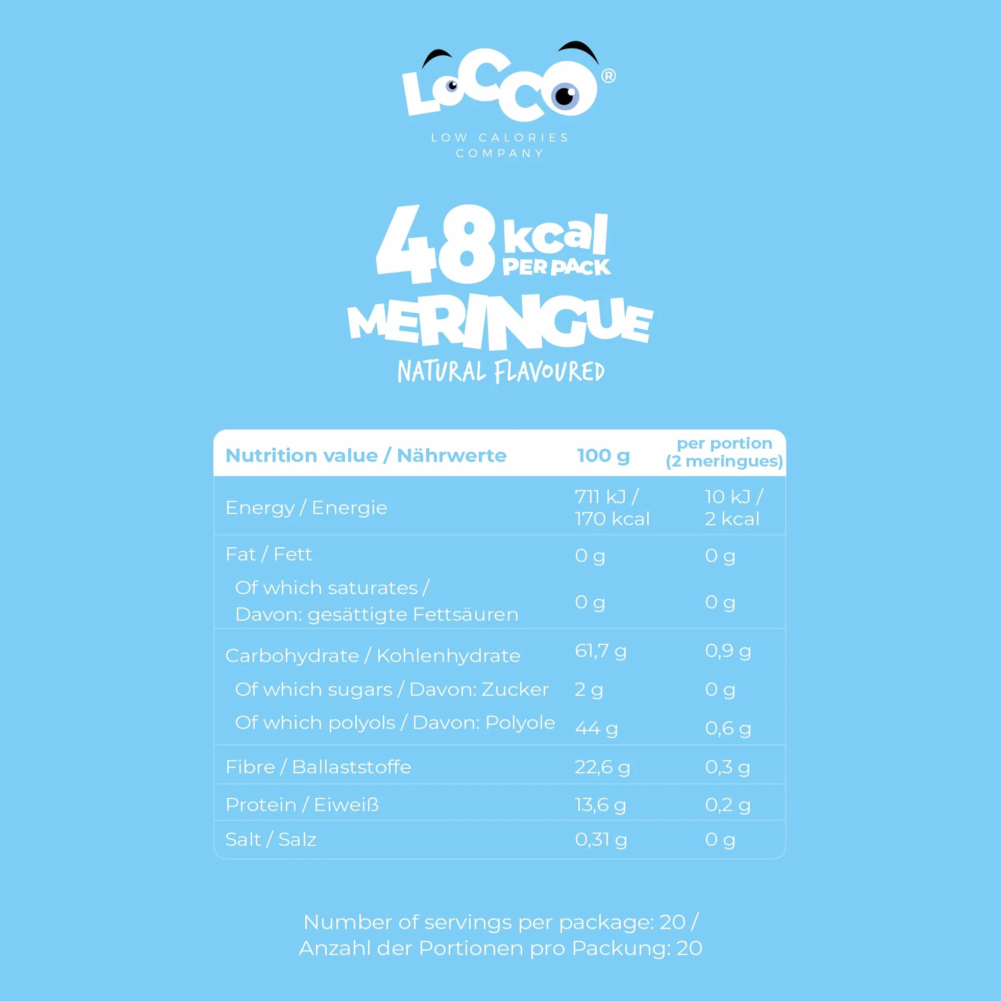 LoCCo Niskokaloryczne Bezy 48 kcal – Chrupiąca Przekąska Bez Cukru – Tylko 1 kcal w porcji – Keto, Low Carb, Wysoka Zawartość Błonnika – Z Prebiotykiem (Smak Naturalny, 28g)