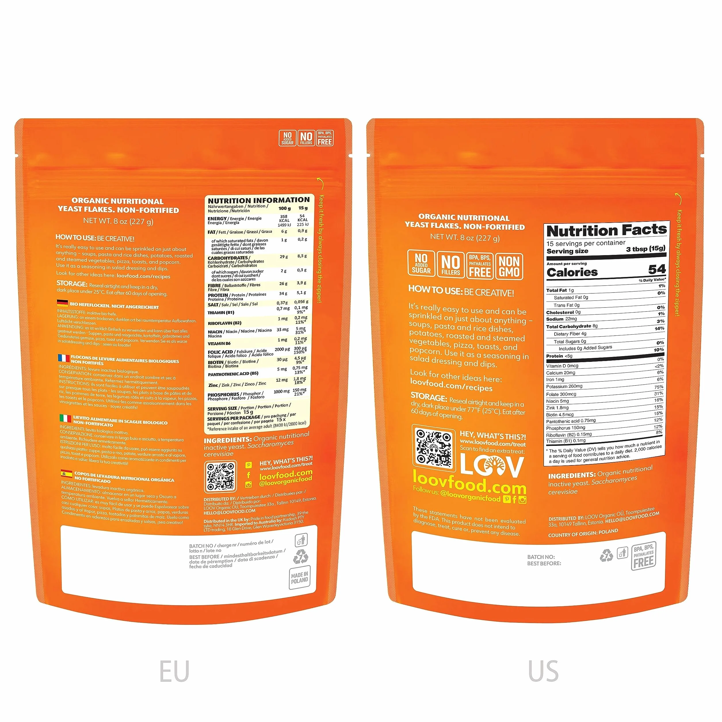 LOOV Organiczne niewzbogacone odżywcze płatki drożdżowe, prażone niewzbogacone, wegańskie, bez GMO, bezglutenowe, dobre źródło witamin z grupy B, bez dodatku witamin, zamykana torba, 227 gramów