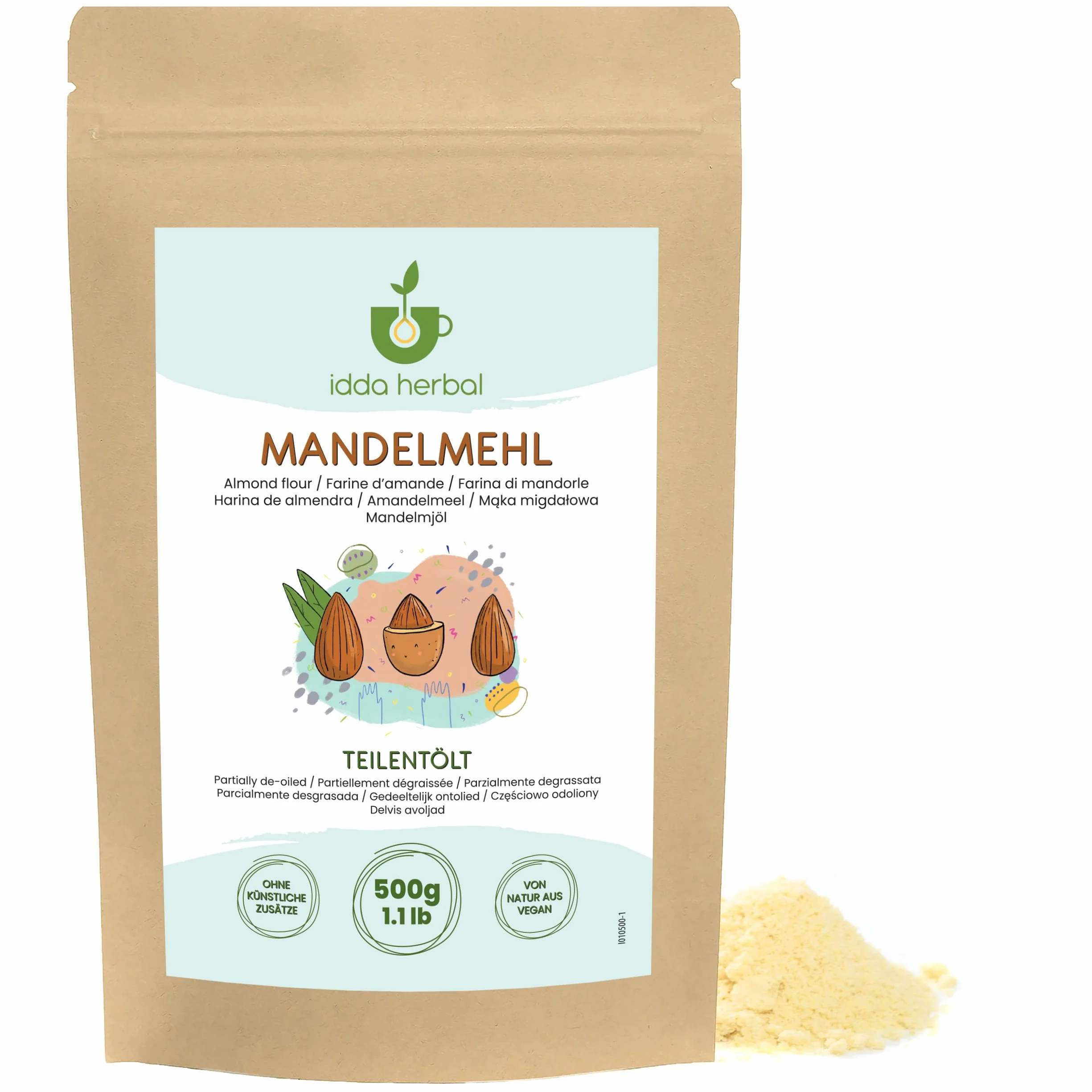 IDDA Herbal Mąka Migdałowa 500g, Mielone Surowe Migdały, Bezglutenowa Mąka, Idealna do Wypieków Keto