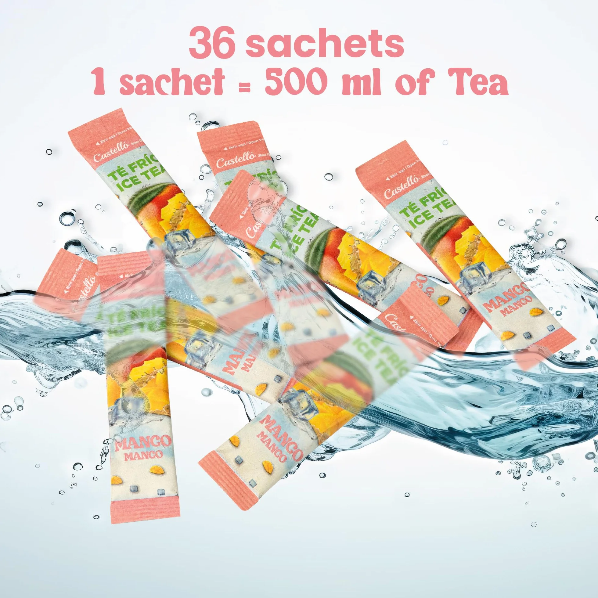 Castello since 1907 Mrożona Herbata (Ice Tea - Iced Tea) Rozpuszczalna Zero w Saszetkach | Mango | 36 Sztuk | Zero Kalorii, Bez Cukru, Bez Aspartamu