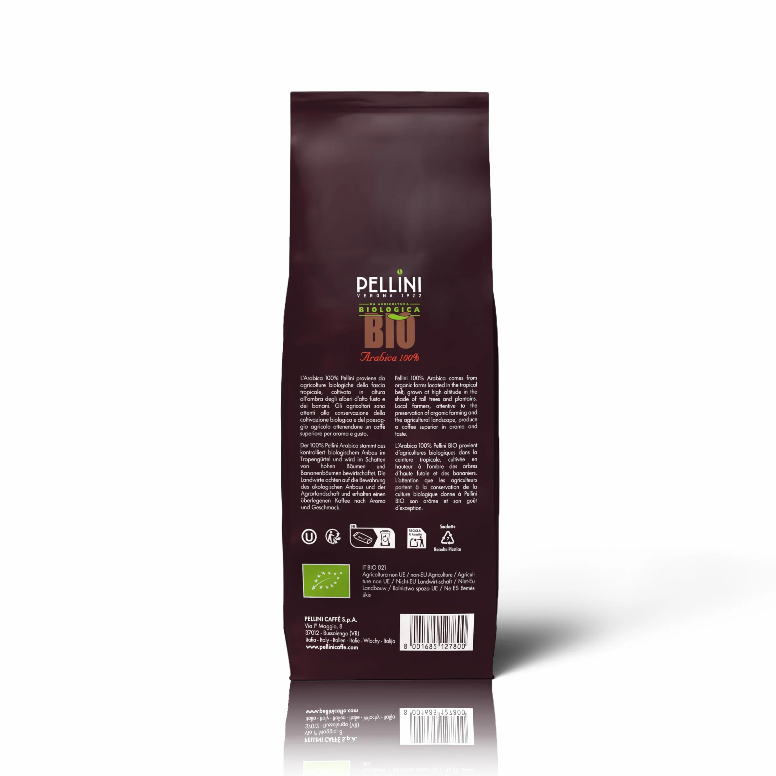 PELLINI Bio Kawa Palona w Ziarnach 100% Arabica z Farm w Pasie Tropikalnym Opakowanie 500 G