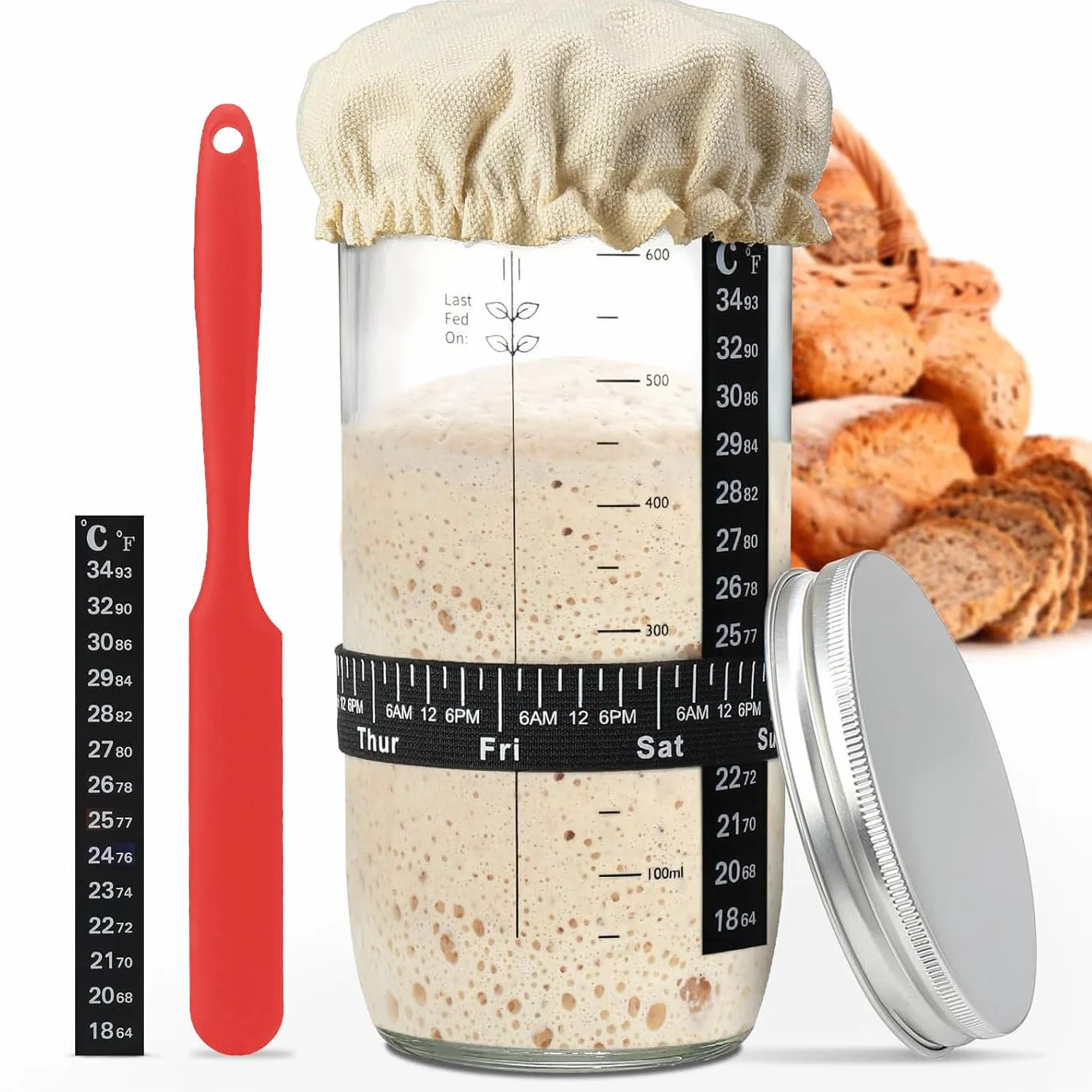 Zestaw do rozpoczynania zakwasu, 730ML szklanka do zakwasu, szklanka do fermentacji, szklanka na zakwas, z łopatką i termometrem, pokrój i metalowa pokrywa, akcesoria do pieczenia w domu