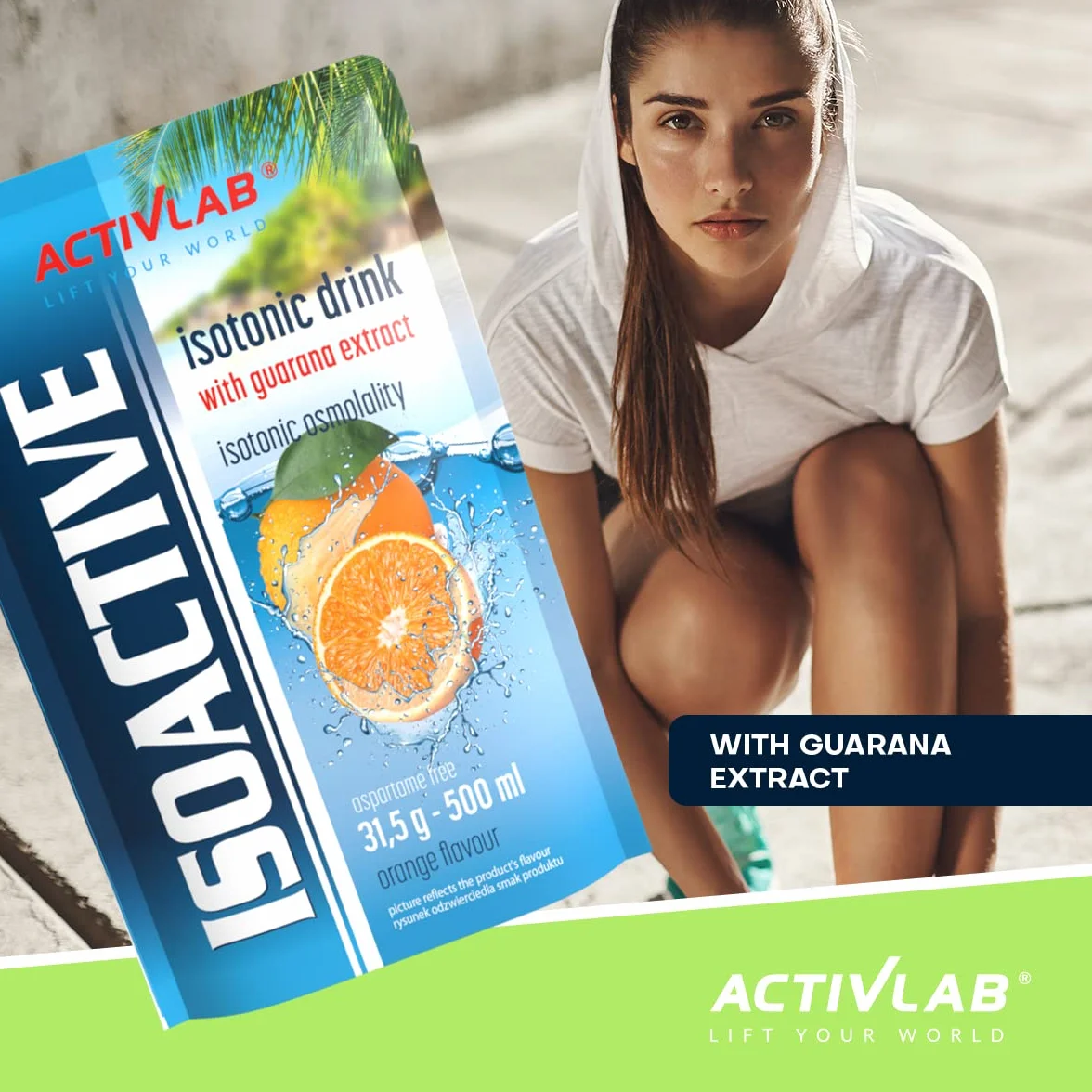 Activlab Isoactive Isotonic Drink z Guana, elektrolit, witaminy B, 20 x 31,5 g, pomarańczowy, z guaraną, 500 ml napoju sportowego, praktyczny woreczek, 3 x sprawdzony laboratoryjnie