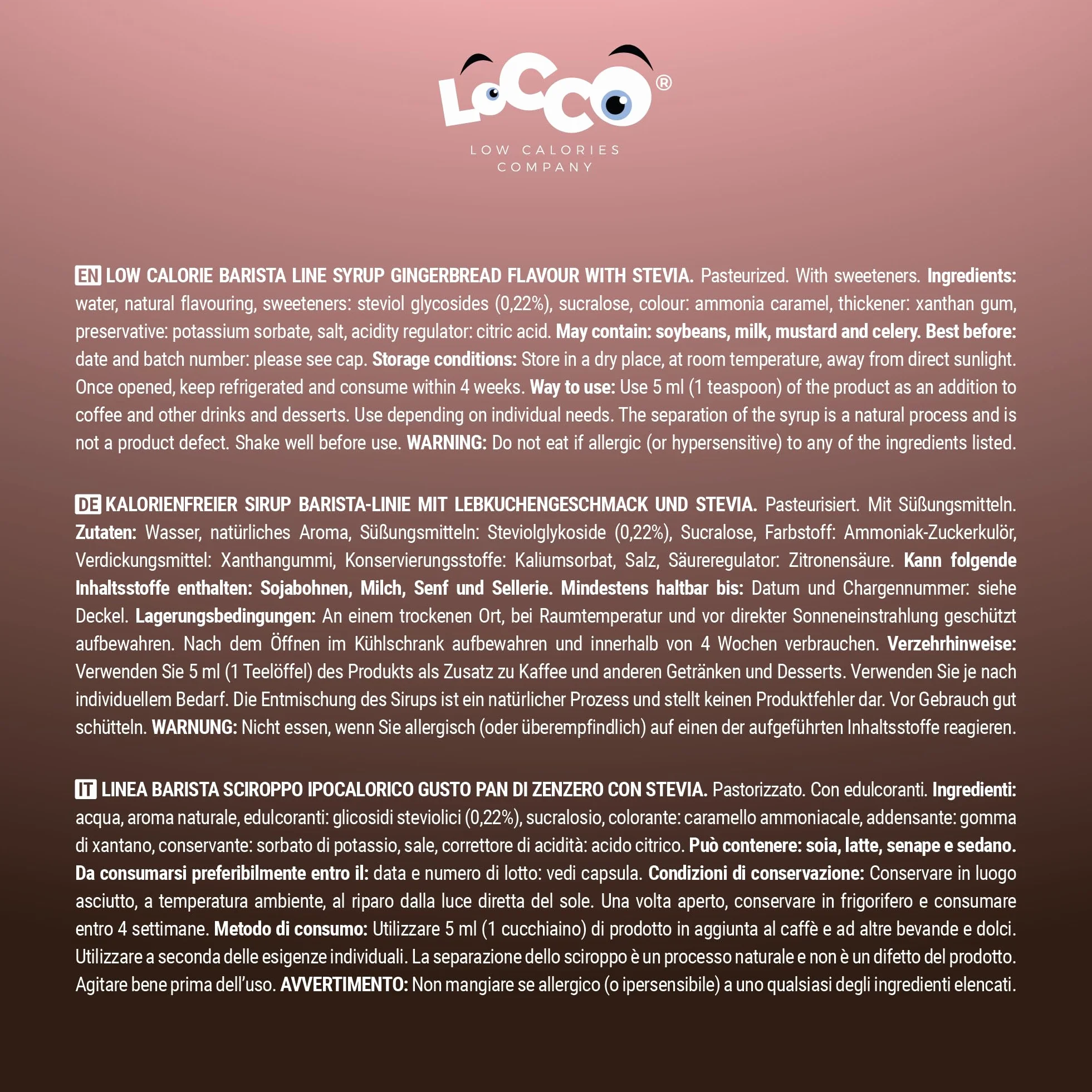 LoCCo Bezkaloryczny Syrop Barista do Kawy ze Stewią – Zero Kalorii, Bez Cukru, Keto (Smak Piernikowy) 1L