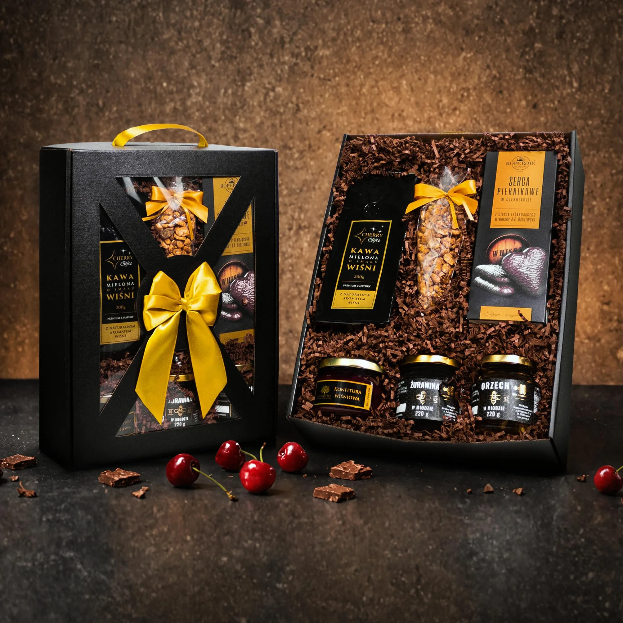 Kosz prezentowy ELEGANCKI BOX kawa wiśniowa, konfitura, pierniki whisky