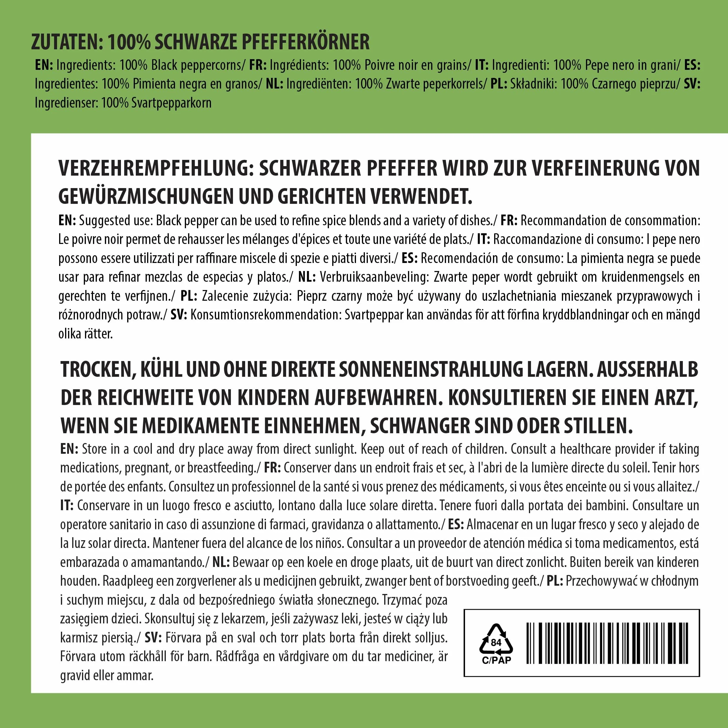 Schwarzer Pfeffer ganz 250g Pfefferkörner naturrein vegan
