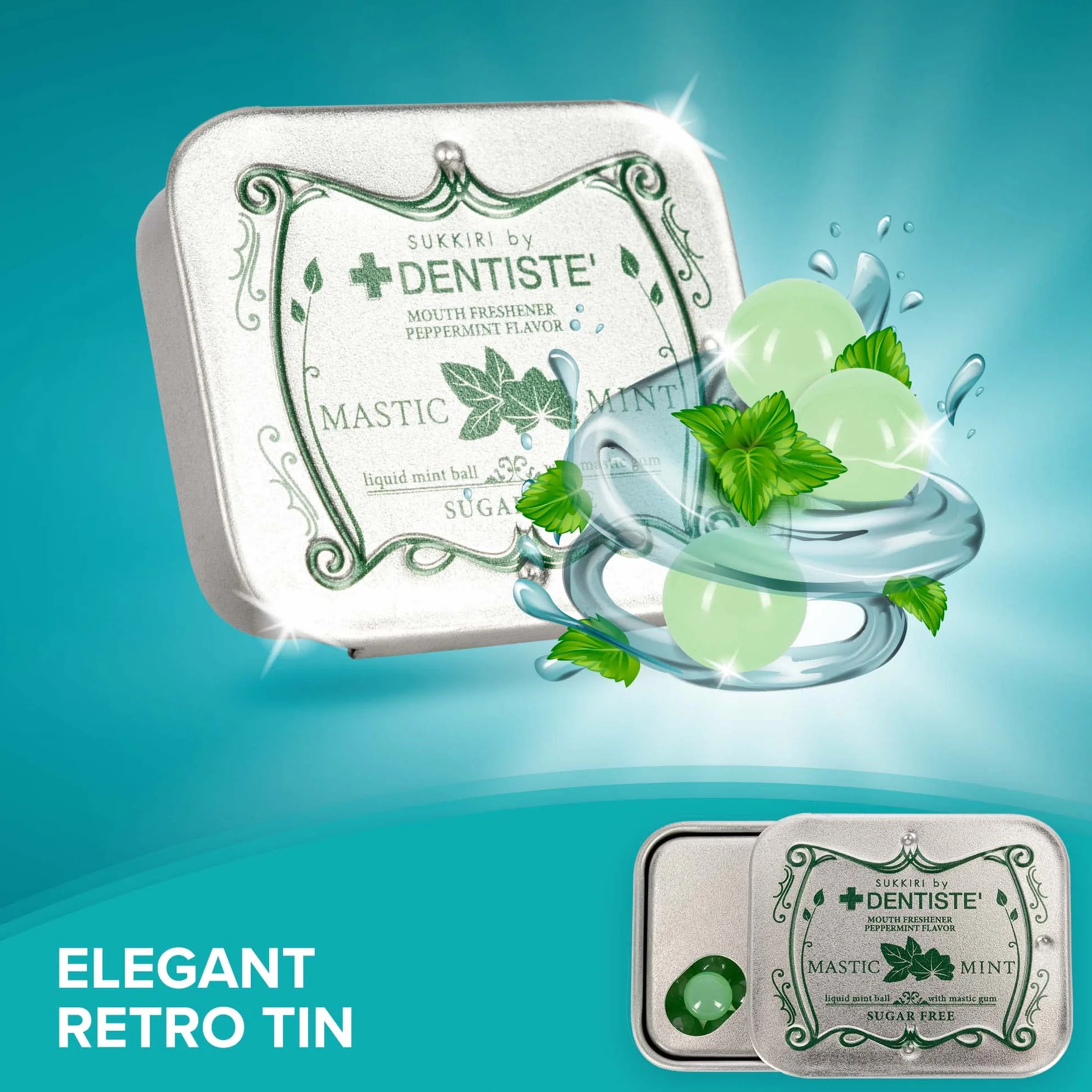 Dentysta LoveMints w metalowej puszce retro. Świeży oddech w 3 sekundy. Cukierki miętowe na nieświeży oddech i próchnicę. Świeża mięta i olejek mastyksowy jako odświeżacz oddechu. miętówki