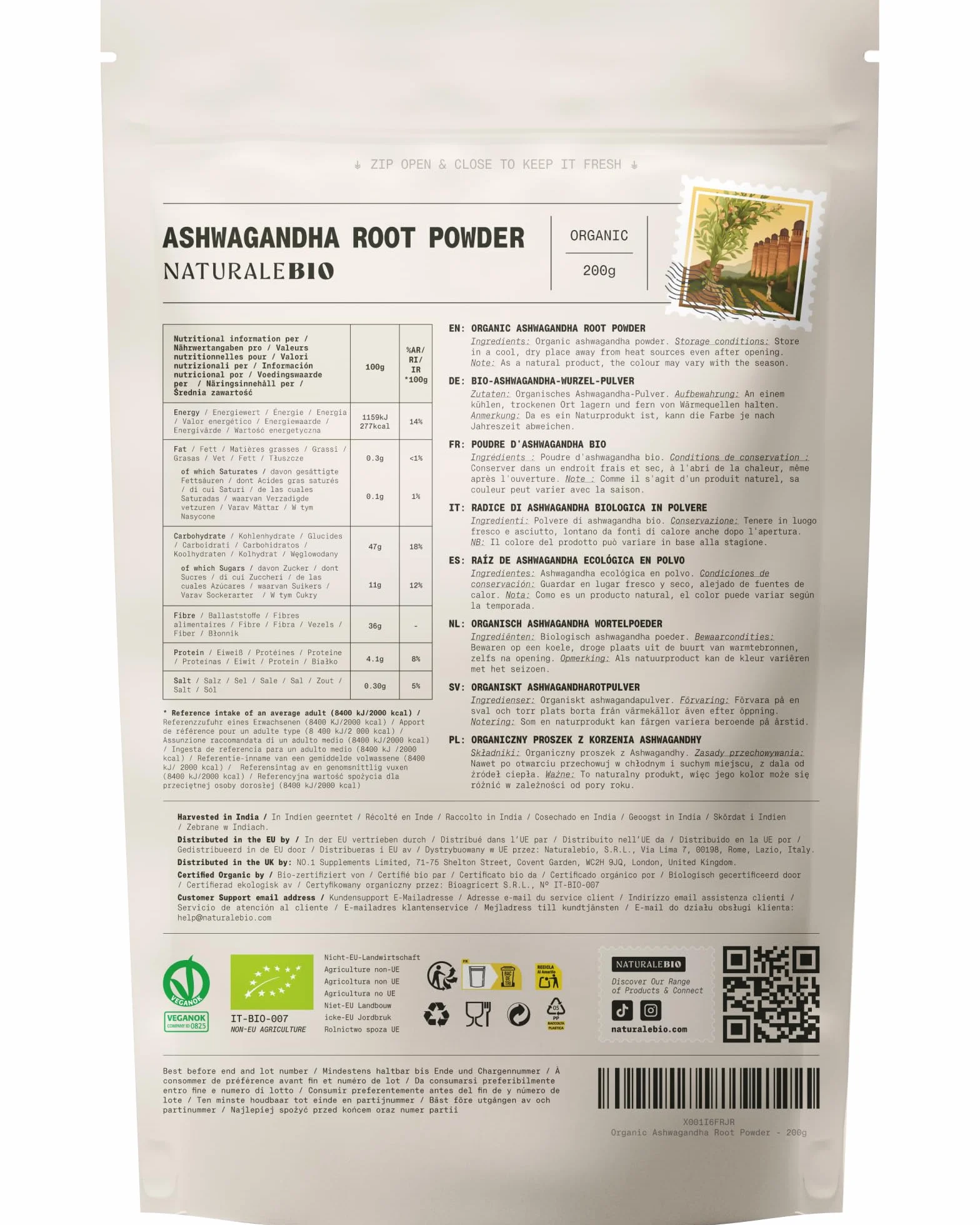 Organiczna Ashwagandha w proszku 200g. Naturalny i czysty, wyprodukowany w Indiach z organicznego korzenia Withania somnifera. NaturalBio