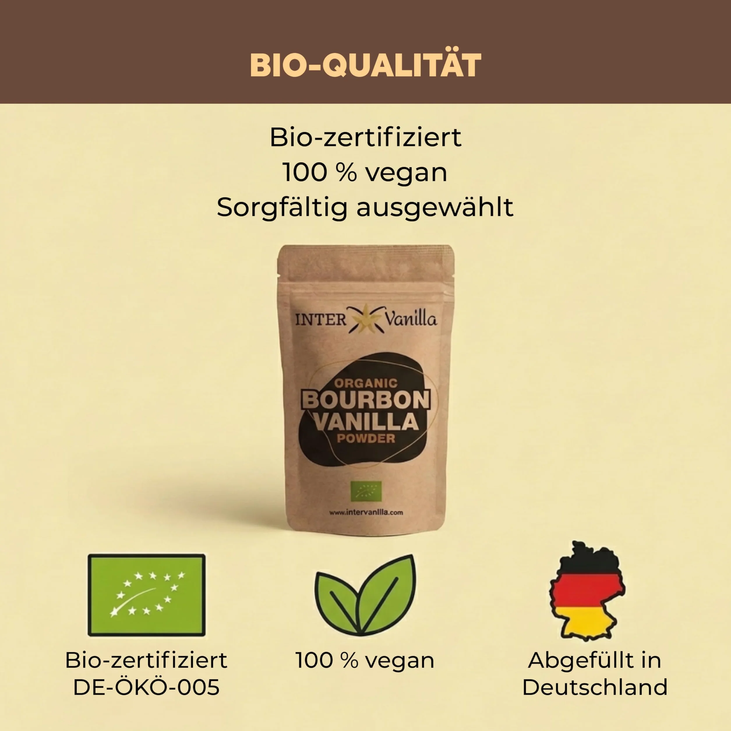 InterVanilla BIO Bourbon proszek waniliowy, 25g zmielonego proszku wanilii Bourbon. Proszek waniliowy z Madagaskaru. Zmielona wanilia bez dodatków