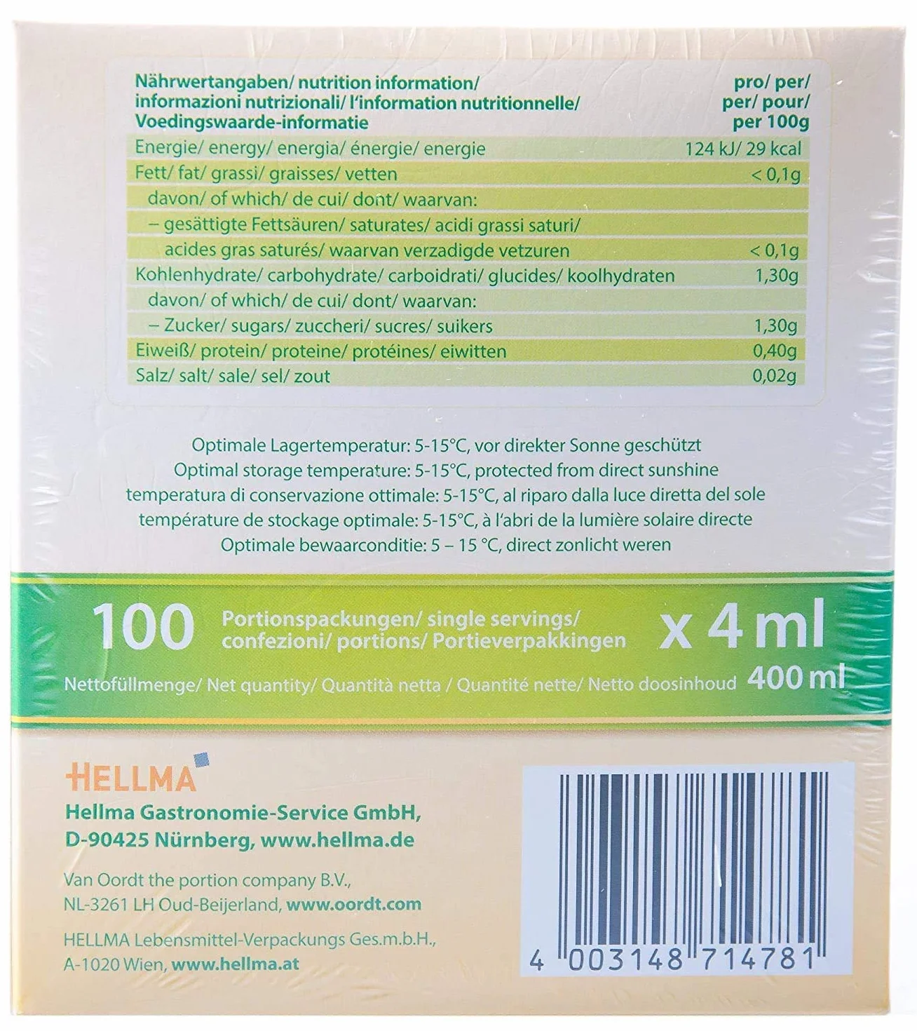 Hellma Koncentrat Sok z Cytryny w Saszetkach, Koncentrat Soku z Cytryny, Herbata, 100 Porcji po 4 ml