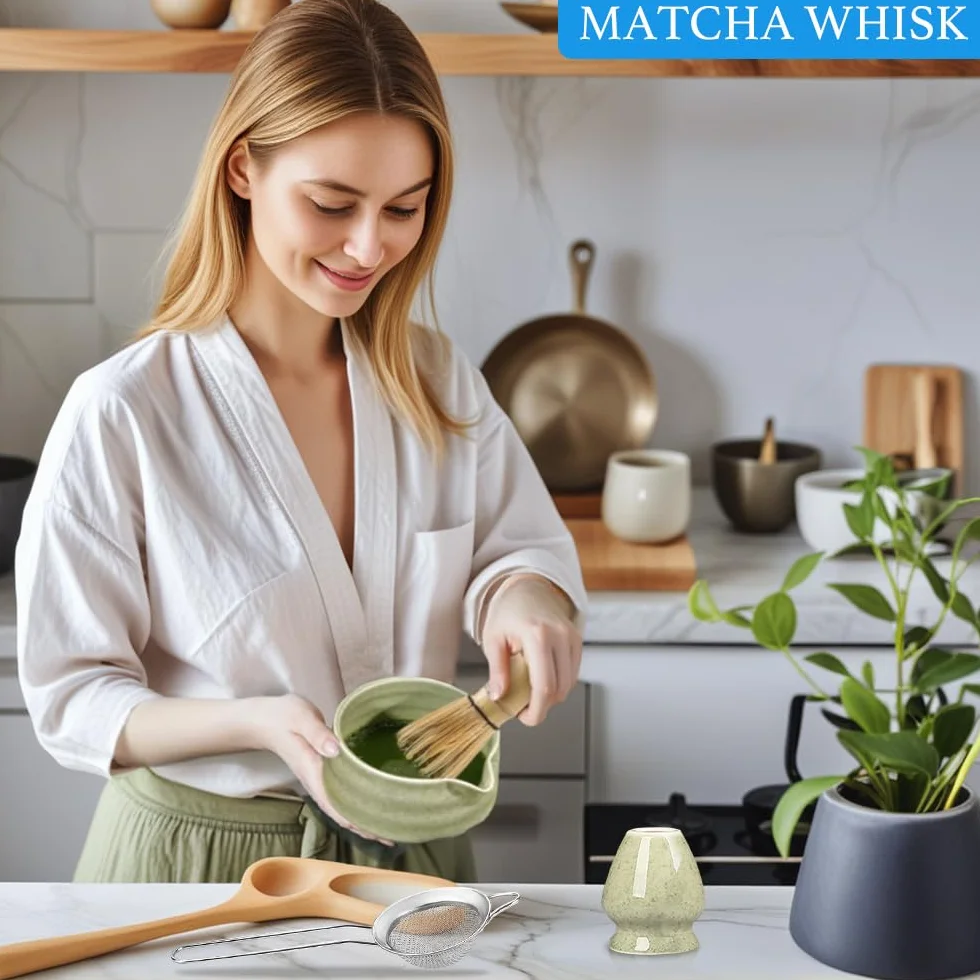 Zestaw 5 trzepaczek do matchy z miską matcha, uchwyt do trzepaczki do matchy, łyżki do matchy i sitka do matchy, zestaw startowy do ceremonii parzenia herbaty matcha (zielona matcha)