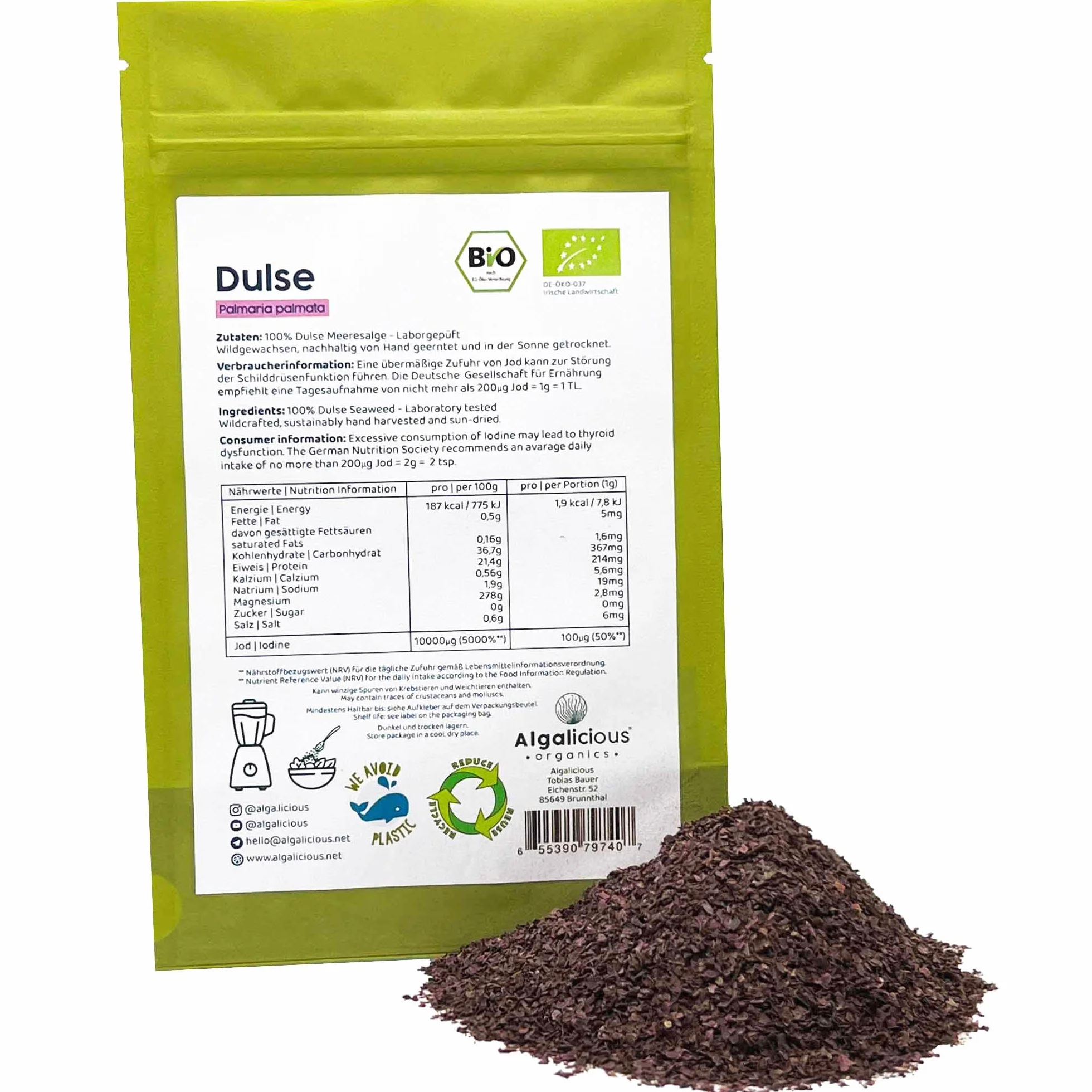 ALGALICIOUS Bio Dulse płatki | 50 g | płatki glonów dziko wyhodowane z północnego Atlantyku | Lapentang jest wegański i bezglutenowy | bogaty w minerały i białko