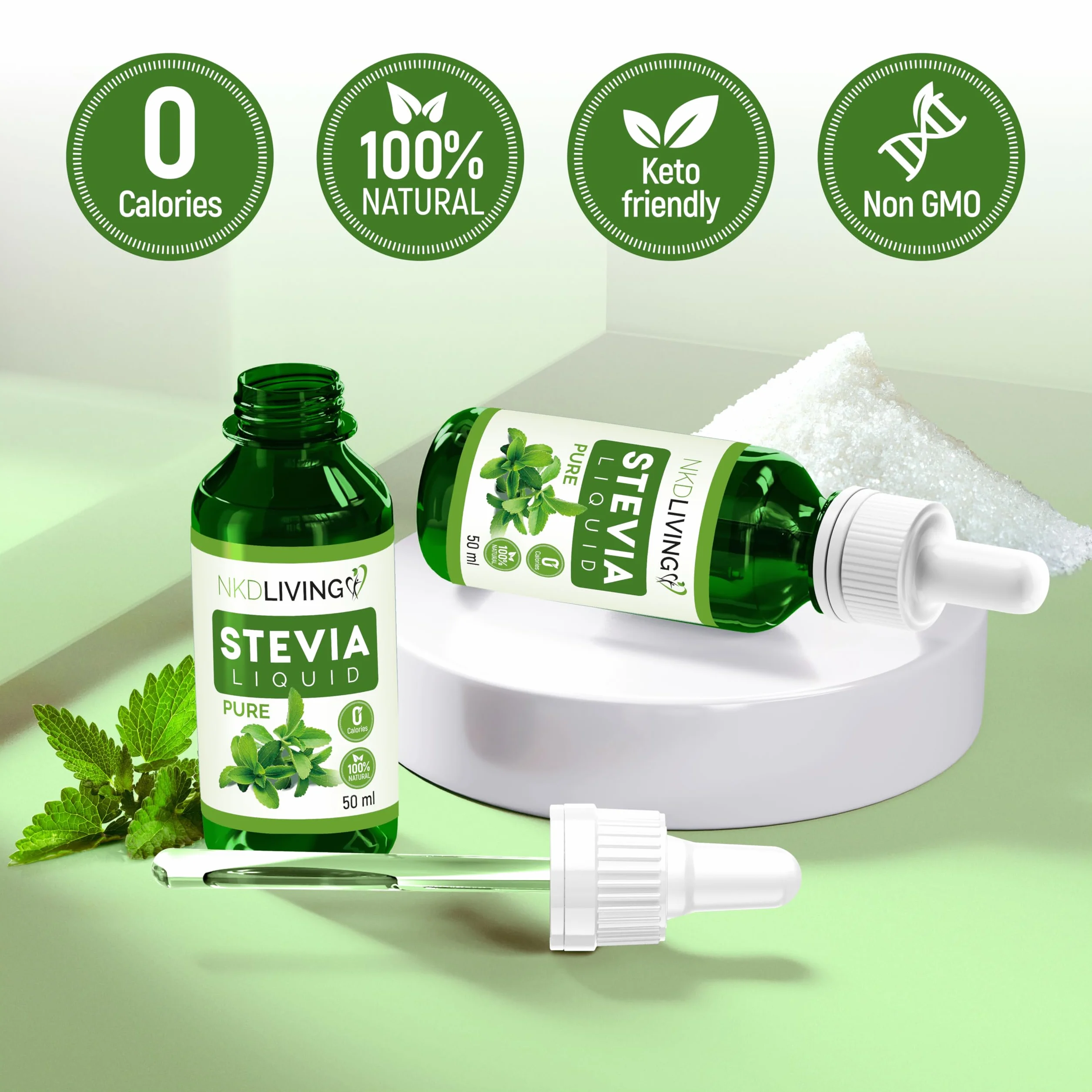 NKD Living Krople Stevia Liquida Pure 50 ml - czysta stewia, bez dodatku smaku - ze szklanym zakraplaczem