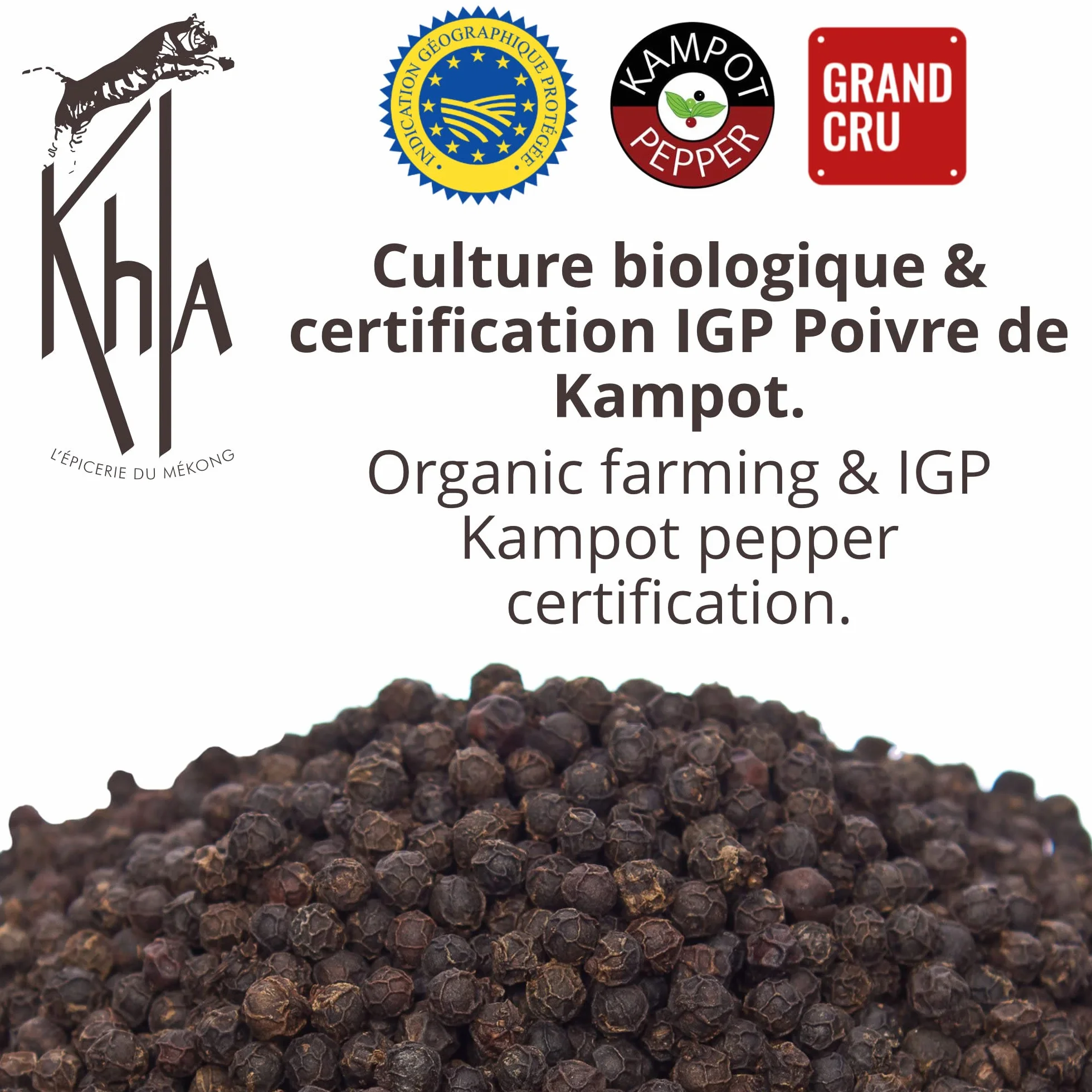 KHLA - Czarny pieprz Kampot Premium-GGA - 100 g - ziarna pieprzu w woreczku - tradycyjne opakowanie w liśćch palmowych